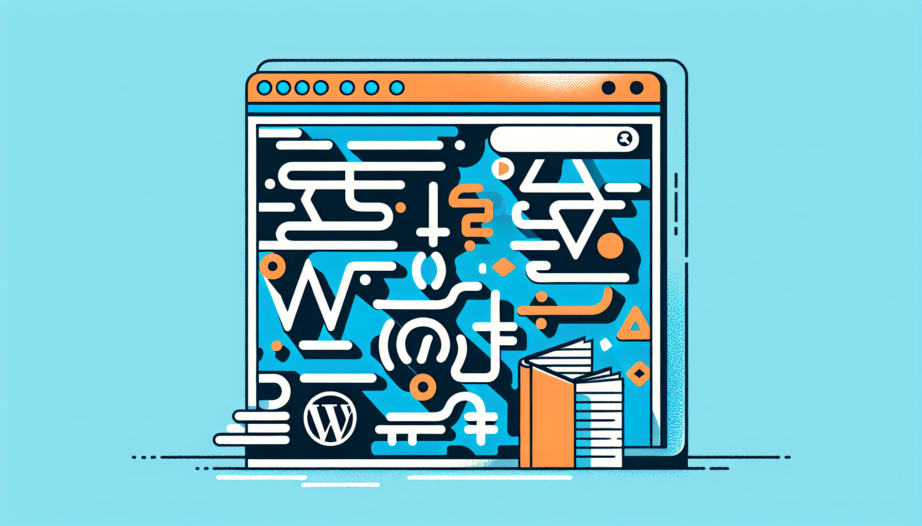 A simplistic digital illustration featuring a WordPress theme window serving as the backdrop. Inside the window, various abstract PHP code snippets are floating, represented by geometric lines and squiggles to indicate codes without revealing any actual characters. In one corner of the image, there's a stylized book symbolizing a beginner’s guide, untouched by actual text. The entire scene is void of brand names, logos, and human figures. The colors used in the artwork should predominantly be light blue, white, and orange, symbolizing the traditional hues of coding interfaces and digital screens.