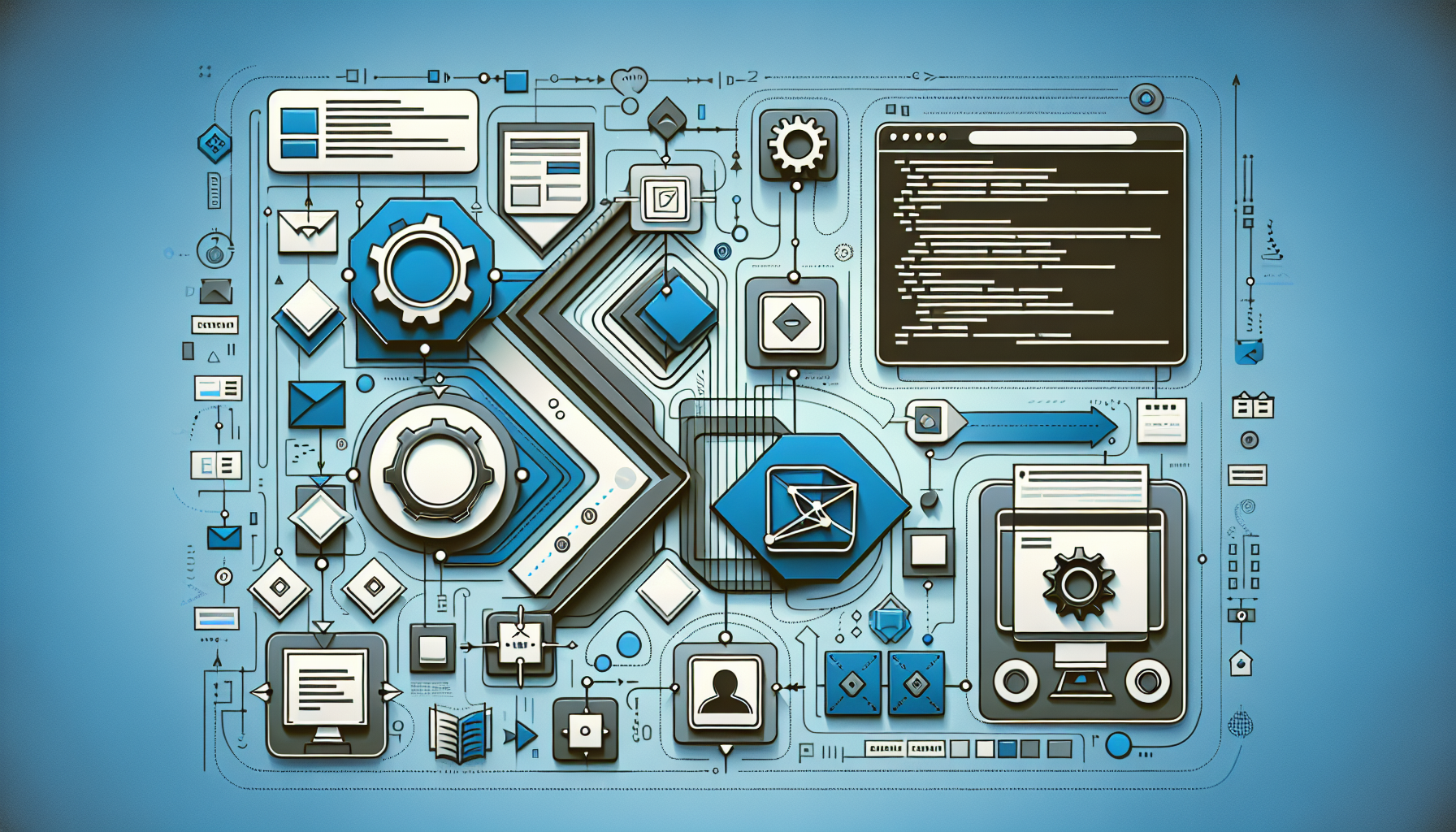 A representation of a process of creating a customized plugin, visualized as a series of connected geometric shapes representing steps. This series of shapes is integrated within the layout of an abstract website design, devoid of human presence, brand names, logos or text. Include visual cues like coding symbols or abstract outlines of a computer and a gear to imply a coding process, but avoid any readable text or recognizable logos. The color scheme is composed of soothing blues and grays, striking a balance between creativity and technological precision.
