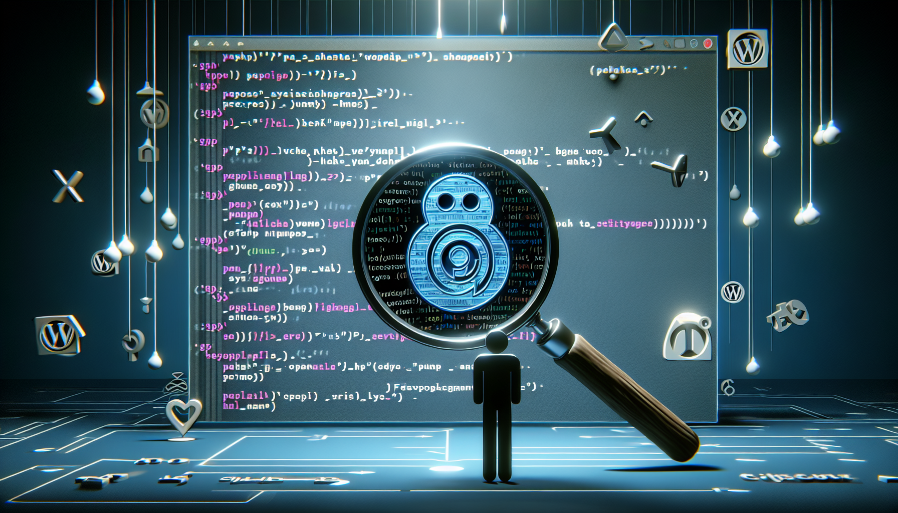A digital representation exhibiting the process of solving common PHP errors in WordPress themes. The scene shows a magnifying glass hovering over a coding script imbued with PHP language symbols and WordPress symbols, pinpointing specific PHP errors. Additionally, vague symbolic indications of possible solutions to these errors are present. No people, brand names, logos are included within this visually intuitive and technical representation.