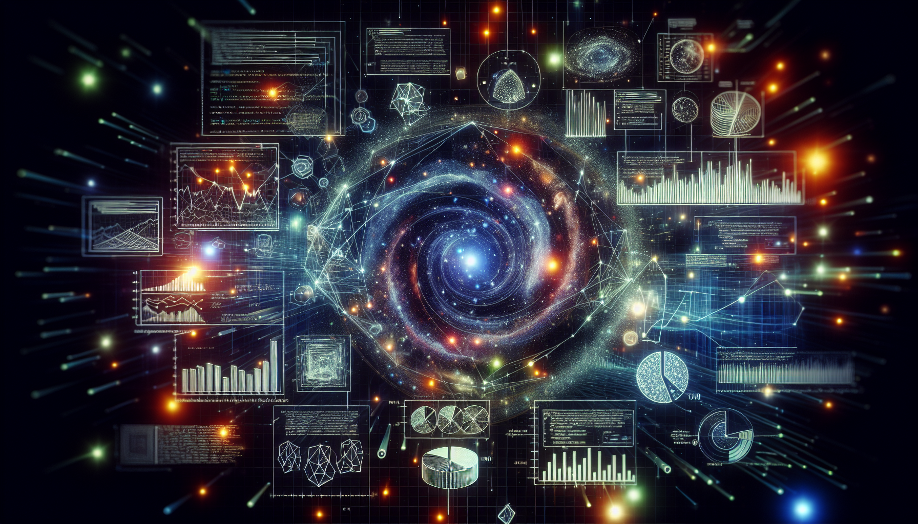 An intricate illustration of a concept related to dynamic image generation in PHP programming. Show a detailed view of several types of charts and graphs that are illuminated out of vast networks of digital lines, symbolizing data. Include items such as bar graphs, line graphs, pie charts, and scatter plots. The charts and graphs are floating in a space-like digital environment, where glowing, neon lines converge and diverge, representing coding processes. There should be no text visible anywhere, and also no people, brand names, or logos should appear within the visual.