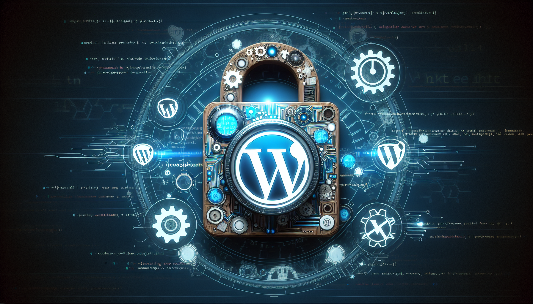 Visual representation of a secure digital lock designed with digital motifs associated with coding and security such as gears, shields, and padlocks. Infused within the lock is an abstract design symbolizing PHP coding to represent the concept of 'enhancing security through PHP'. Projected on a background with elements of the WordPress logo like the circle and the 'W' shape, however it is sufficiently processed and abstracted to not depict the actual brand or its logo. Make sure there are no people, text, brand names or logos visible.
