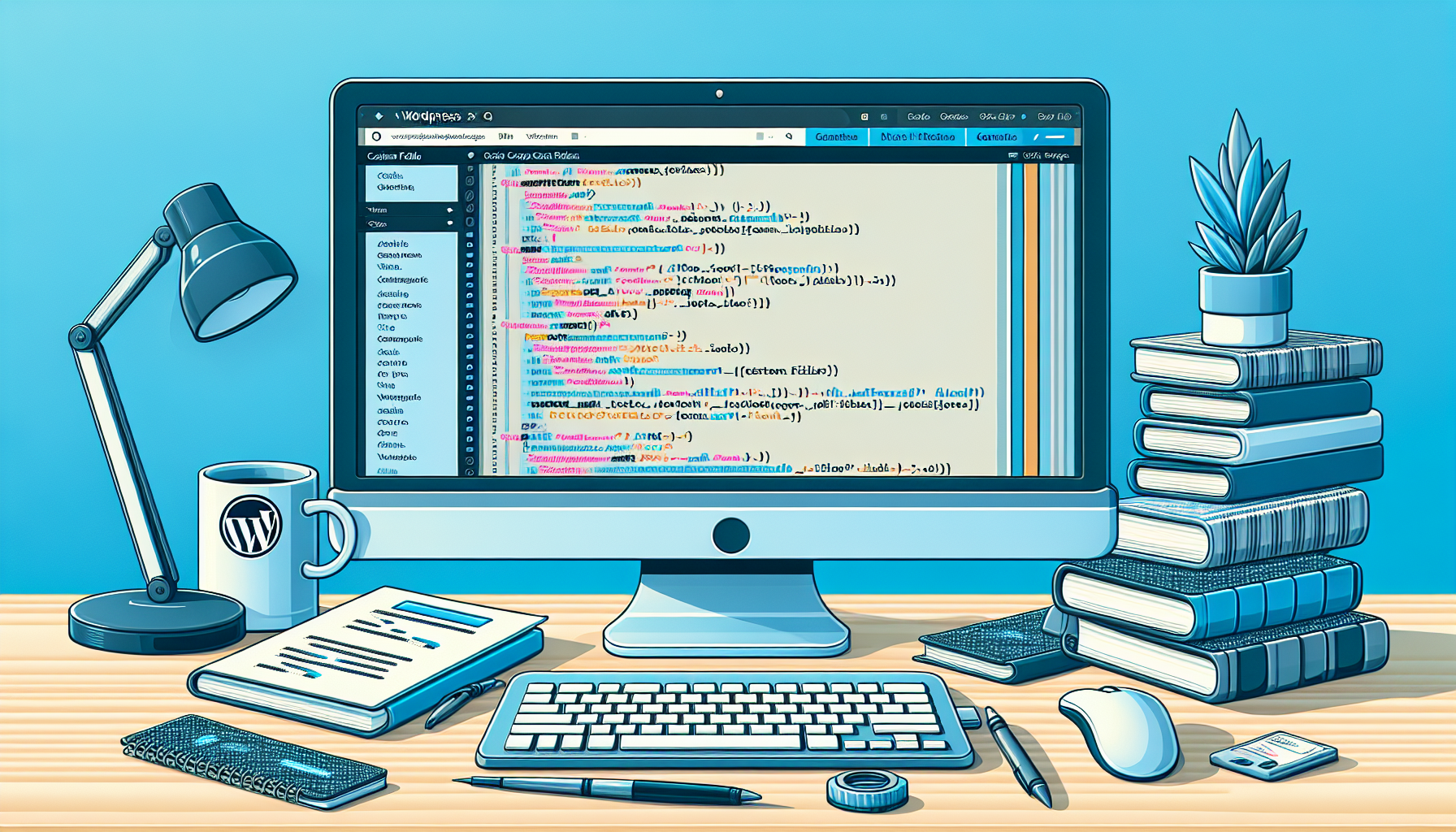 A detailed representation of a computer screen displaying a WordPress website editing page, with the PHP programming language code being typed into the custom fields section. The code is obfuscated with blocks of color to avoid the display of actual text. Around the computer are various generic and unbranded coding books, a notebook for noting code changes, and a mug of coffee. The color scheme is relaxing, featuring blues and whites to represent the WordPress brand, but without any explicit logos or brand names.
