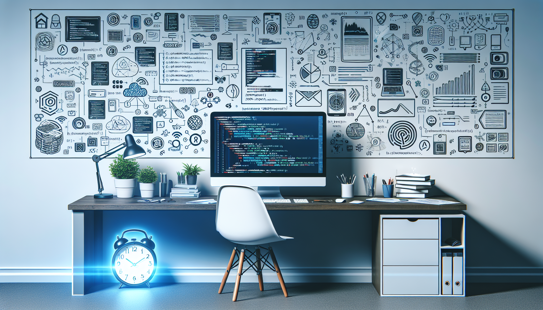 An organized and clean workstation with a computer displaying various lines of PHP code visible on the screen, indicating an ongoing debugging process. The environment is decorated with abstract symbols suggesting digital communication, coding, and technology without any brand names or logos. To the side, there's a whiteboard with drawn diagrams symbolically representing problem-solving tactics. A digital alarm clock glowing with gentle blue light shows late-night hours, signifying dedication and long hours typically associated with problem-solving challenging issues, such as the WordPress 'White Screen of Death'.