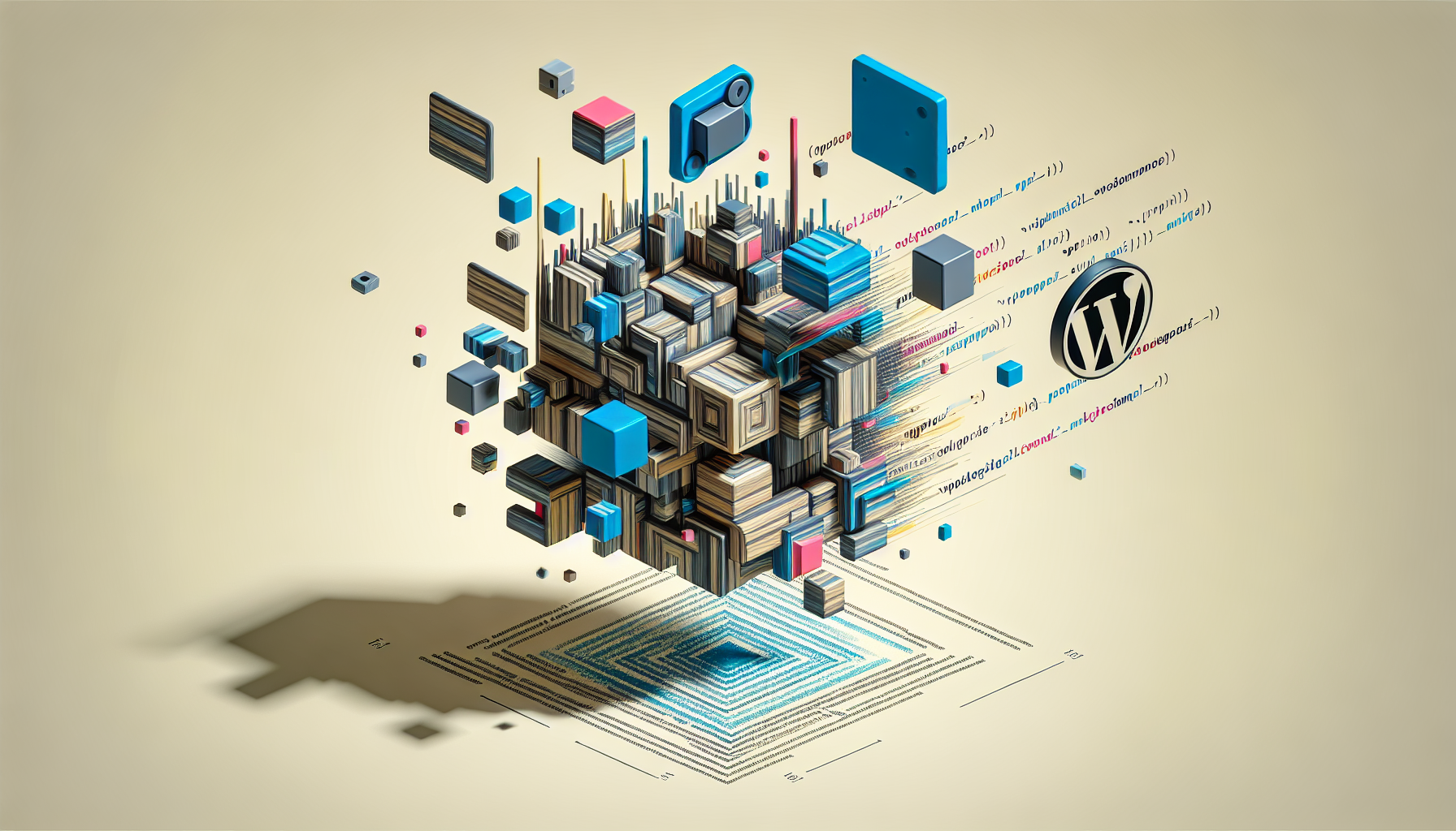 An image illustrating the concept of WordPress sidebar and widget, represented through symbolically: a three-dimensional structure made up of lines and cubes indicating the structure of a web page, with one sidebar filled with different abstract shapes, representing widgets. The sidebar is animated to express its dynamism. An emblematic sign of PHP coding, such as opening and closing tags, is in the air floating. This entire visual representation should be without text labels, logos or visible brands and not containing any human element.
