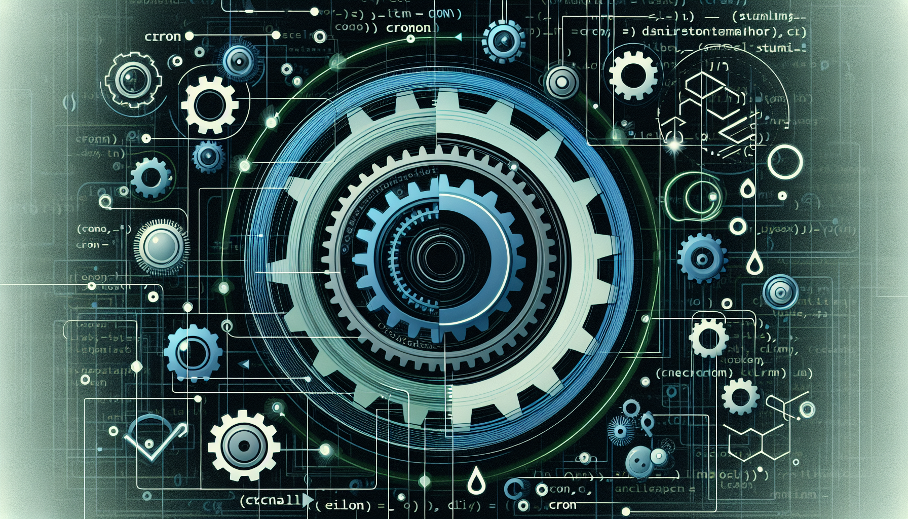 An abstract illustration representing the automation of tasks. Show a series of interconnected mechanical gears and widgets, with symbols representing coding elements like curly braces and angle brackets. Also, visually represent the cycling aspect of 'Cron' by showing a loop or a circular object. Keep the color scheme reflective of coding environments with dark hues of blue and green accented by lighter symbolic elements. Maintain a clean and minimalist aesthetic to represent WordPress