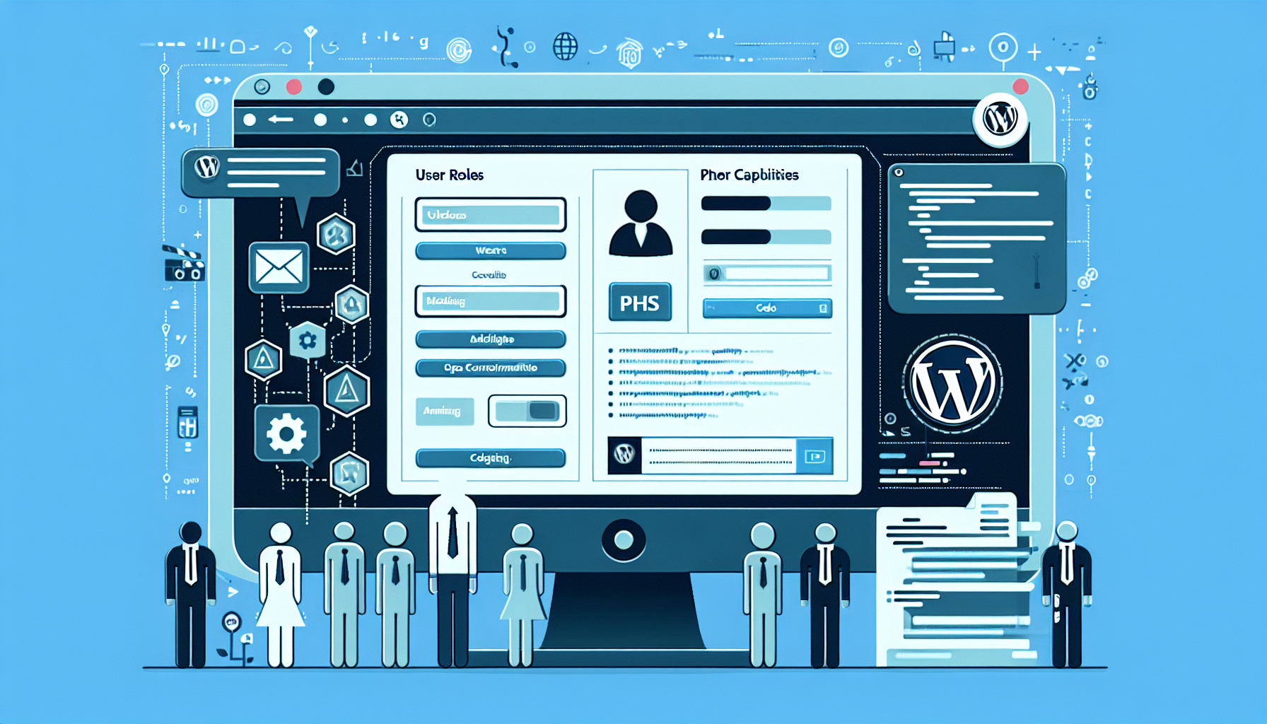 A digital image showcasing a simplified representation of a WordPress interface on a computer screen, open to a section where user roles and capabilities can be managed. Adjacent to it, a page on PHP coding with abstract code elements, suggesting customization. All branding and text have been removed. The image is devoid of human figures.