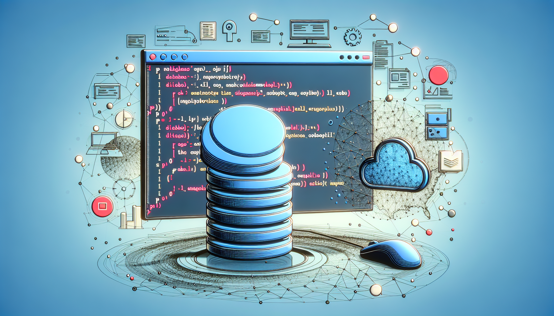 A visual representation of a computer screen that shows a PHP script in an open, generic text editor. Next to it, a representation of a database symbol, which consists of two discs stacked on top of each other. All of this is floating within an abstract digital landscape made from lines and dots, symbolizing the internet or network. There are no people, brand names, text, or logos in this image. However, there are items related to programming and development such as a stylized mouse cursor, debugger icons, and abstract shapes referring to the flow of data.