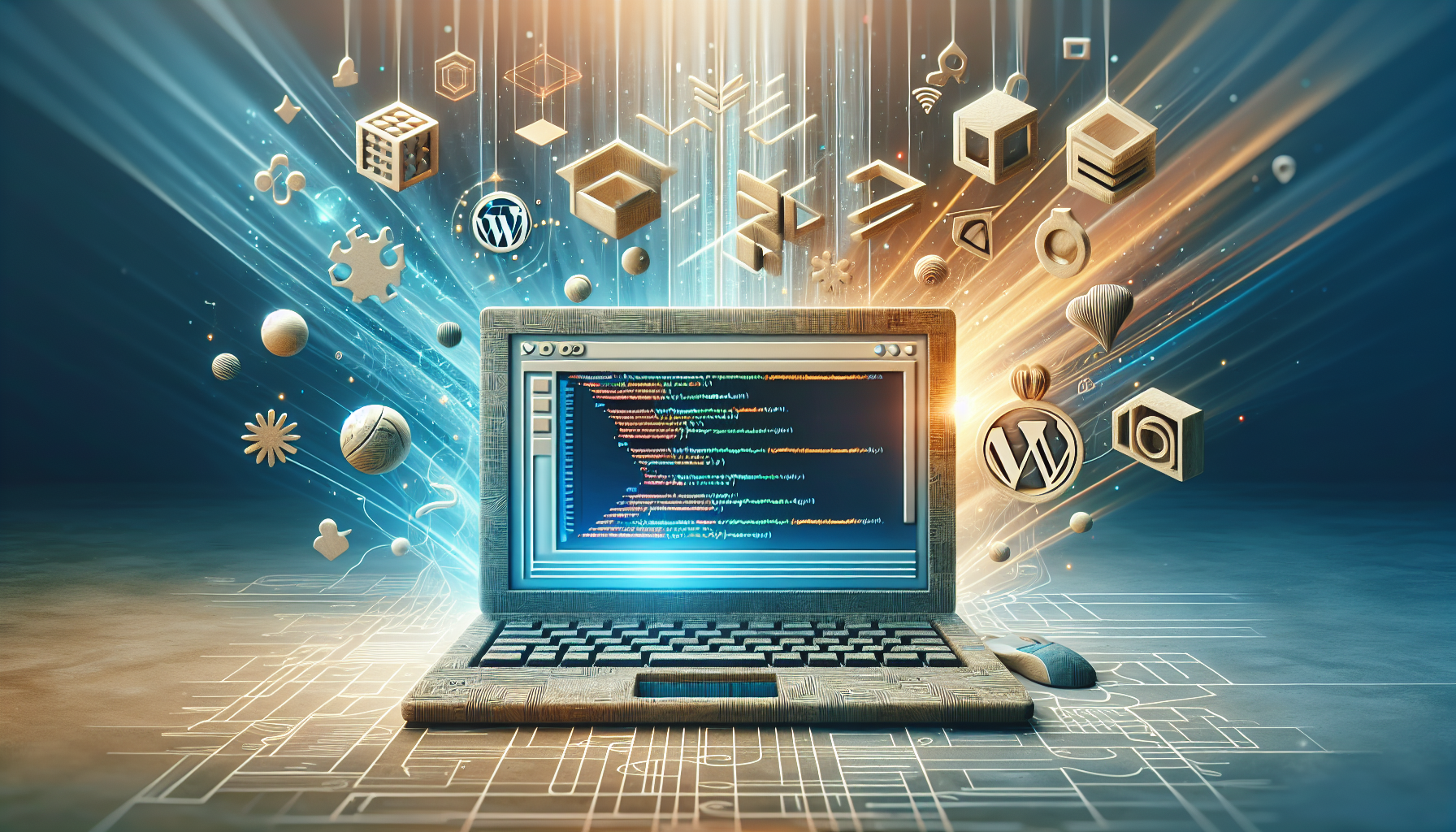 An abstract representation of the process of creating advanced custom fields in WordPress using PHP. The image displays a symbolic unbranded laptop with a vibrant code window opened on its screen, emitting light rays, implying the process of development. Surrounding the laptop, various abstract shapes and forms indicate fields being manipulated and defined. Customization is represented by unique patterns that appear as part of different structures hovering around the laptop, subtly implying PHP tags. The setting is a neutral, serene workspace free of brand logos and people.