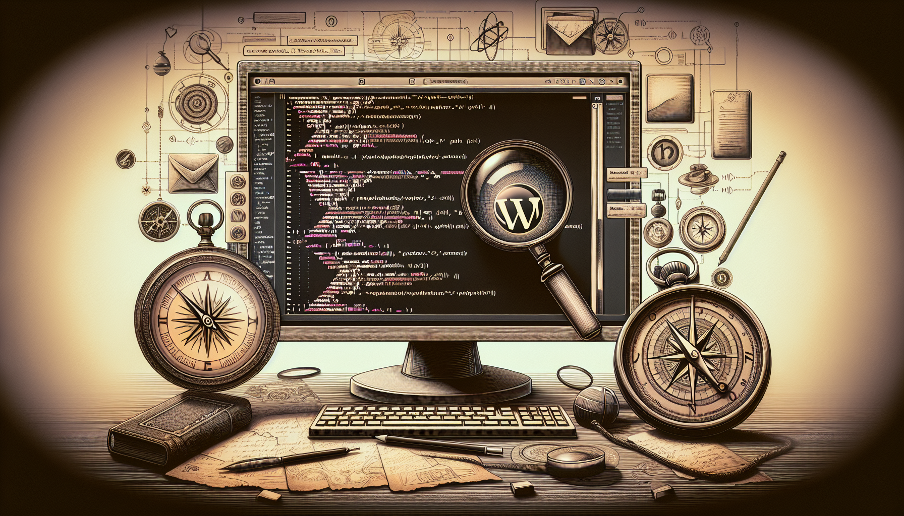 A conceptual image representing customization and coding aspects of WordPress with PHP. The image features a computer screen with a generic, unbranded code editor displaying lines of code, with PHP symbols subtly woven in. Around the screen are some decorative elements that evoke the concept of search, such as a vintage magnifying glass leaning against it and a compass on the side. In the background, there can be some abstract shapes and designs, implying the process of building and enhancing a website. Please, ensure no brand names, texts, logos, or people appear in the image to abide by the user's request.