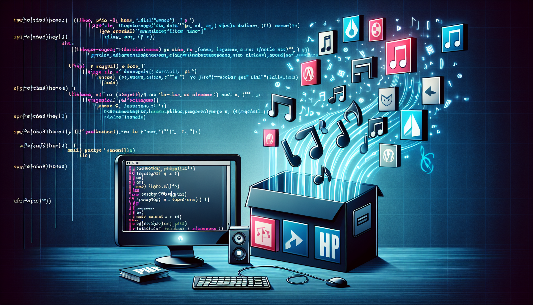 A graphical representation of a computer screen displaying abstract code, corresponding to PHP, interacting with multimedia files. The multimedia files are abstracted and consist of generic music symbols, image symbols and video symbols to represent different file types. They are shown being transferred from a file directory into a shaded box on the screen, symbolizing the Upload process. The web-browser-like interface displays a progress bar, indicating that it's a WordPress website. Remember, no people, text, or brand logos are included in the scene.