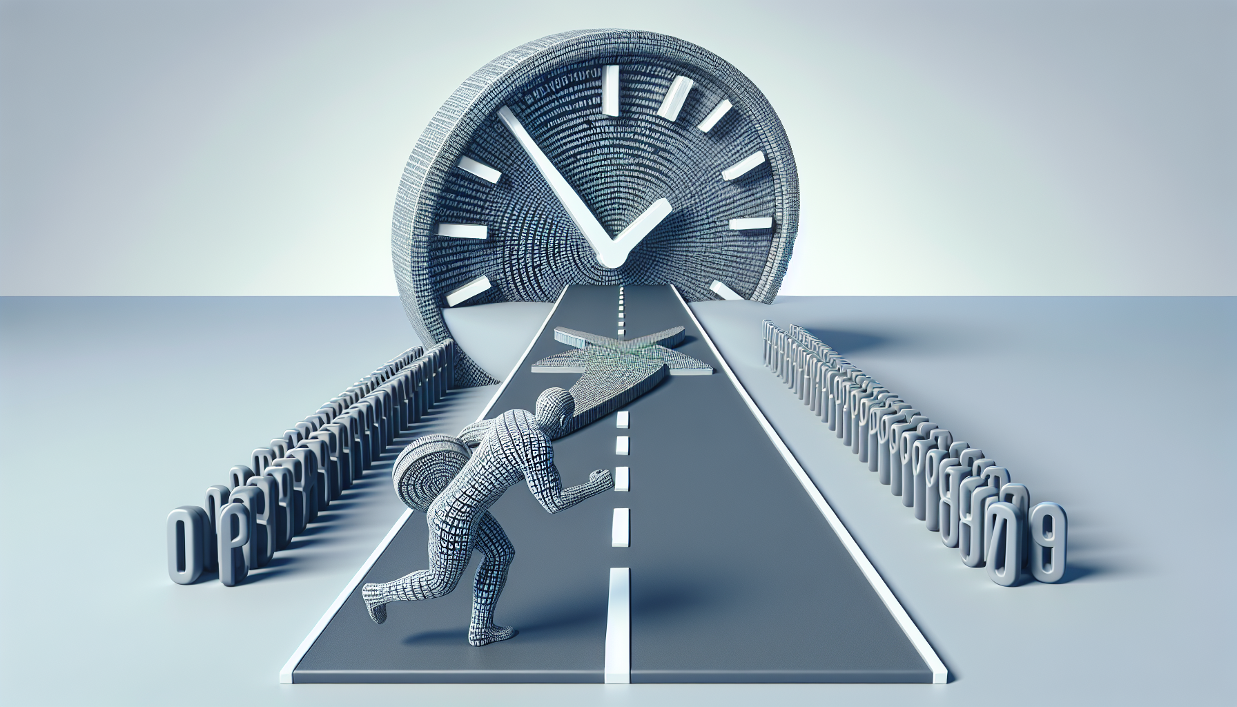 An image symbolizing the enhancement of website speed. Visualize a grey, metaphorical road made up of 1s and 0s, symbolizing the internet, stretching out to the horizon. A figure fashioned from conceptualized PHP script stands at the beginning of this road. It's seen pushing a big, stylized digital clock forward along the road, emphasizing the concept of 'speeding up'. On the sidelines, subtly incorporate simple graphics of a clean cache symbol to imply 'caching'. Ensure the whole image gives off vibes of progress and IT, but maintains abstraction to avoid any specific brands.