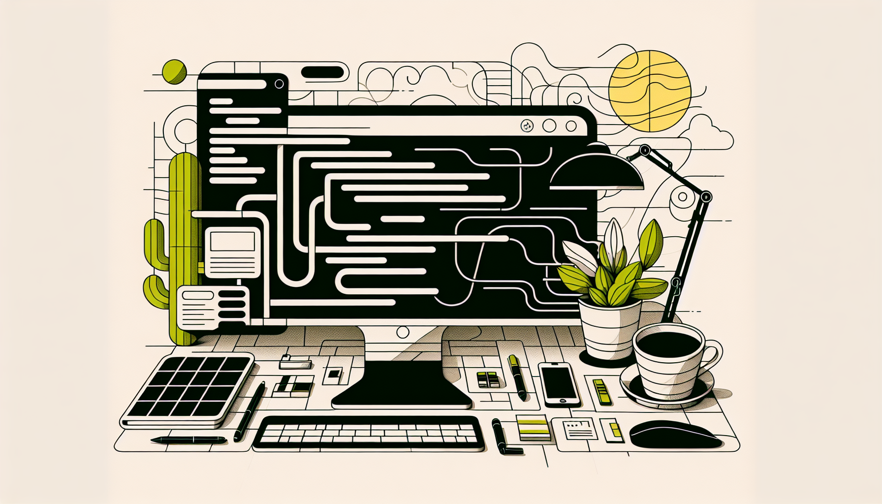 A minimalist depiction of a web development workspace with various items related to coding yet void of text or brand names. Imagine a computer screen with abstract lines alluding to code, representing PHP, in different shades of green. To its right, there's a loose stack of non-textual design sketch papers, suggesting custom templates. To the left, include a cup of coffee and a solar-powered cactus, adding a bit of personality to the scene. Make sure no people or brand names are depicted in this image.
