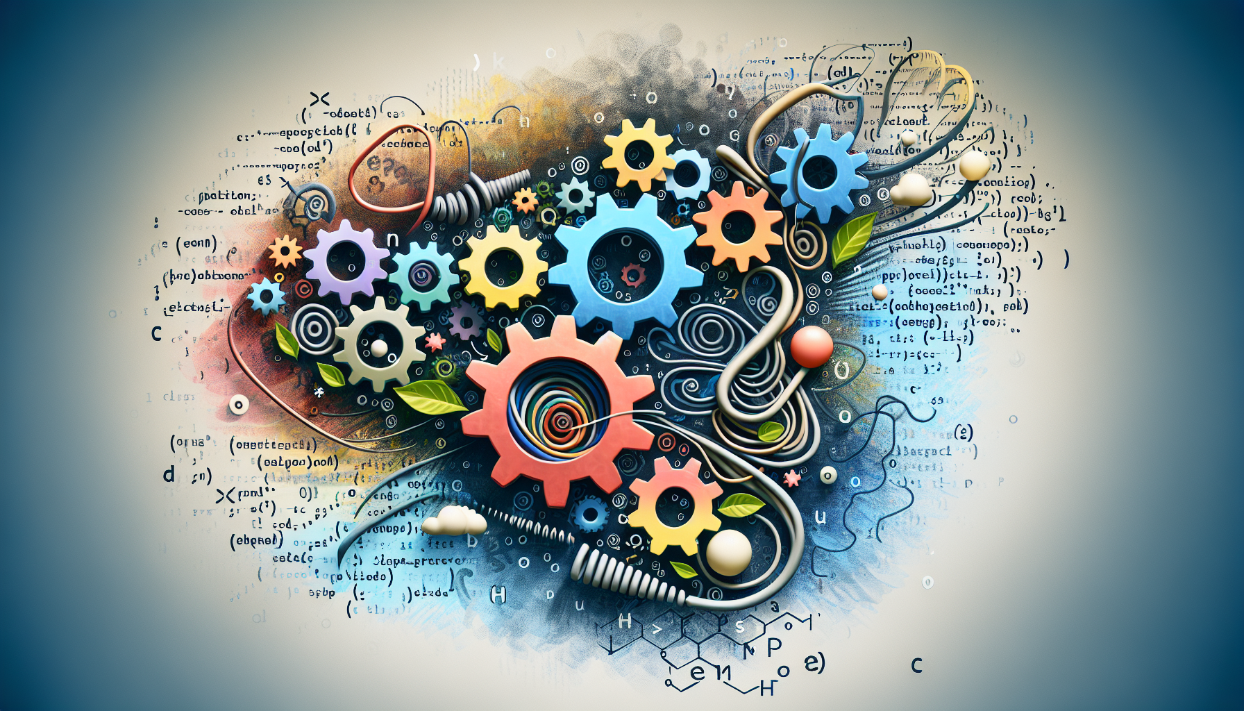 An abstract representation showing the process of code reusability and flexibility in PHP traits. Include the image of coding symbols like curly brackets or semi-colon but avoid specific syntax. Also picture gears intertwined, denoting the concept of reusability, and a flexible spring, symbolizing flexibility. Make sure no text, brand names, or people are visible in the image.