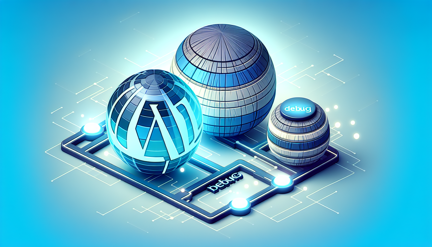 A stylized digital troubleshooting scene. To the left, a visual representation of WordPress represented as a sphere with beveled edges, the sphere colored with hues of blue and grey. To the right, a similar sphere denoting PHP, painted in hues of purple and white. Connecting the two spheres is a path of glowing dots, denoting data flow. At intervals along the path, glowing signs of 'debug' and 'logging' to illustrate the error logging process. No brand names, text, or human figures are included. The background is a soft gradient of light blue, suggesting a cybersecurity space.
