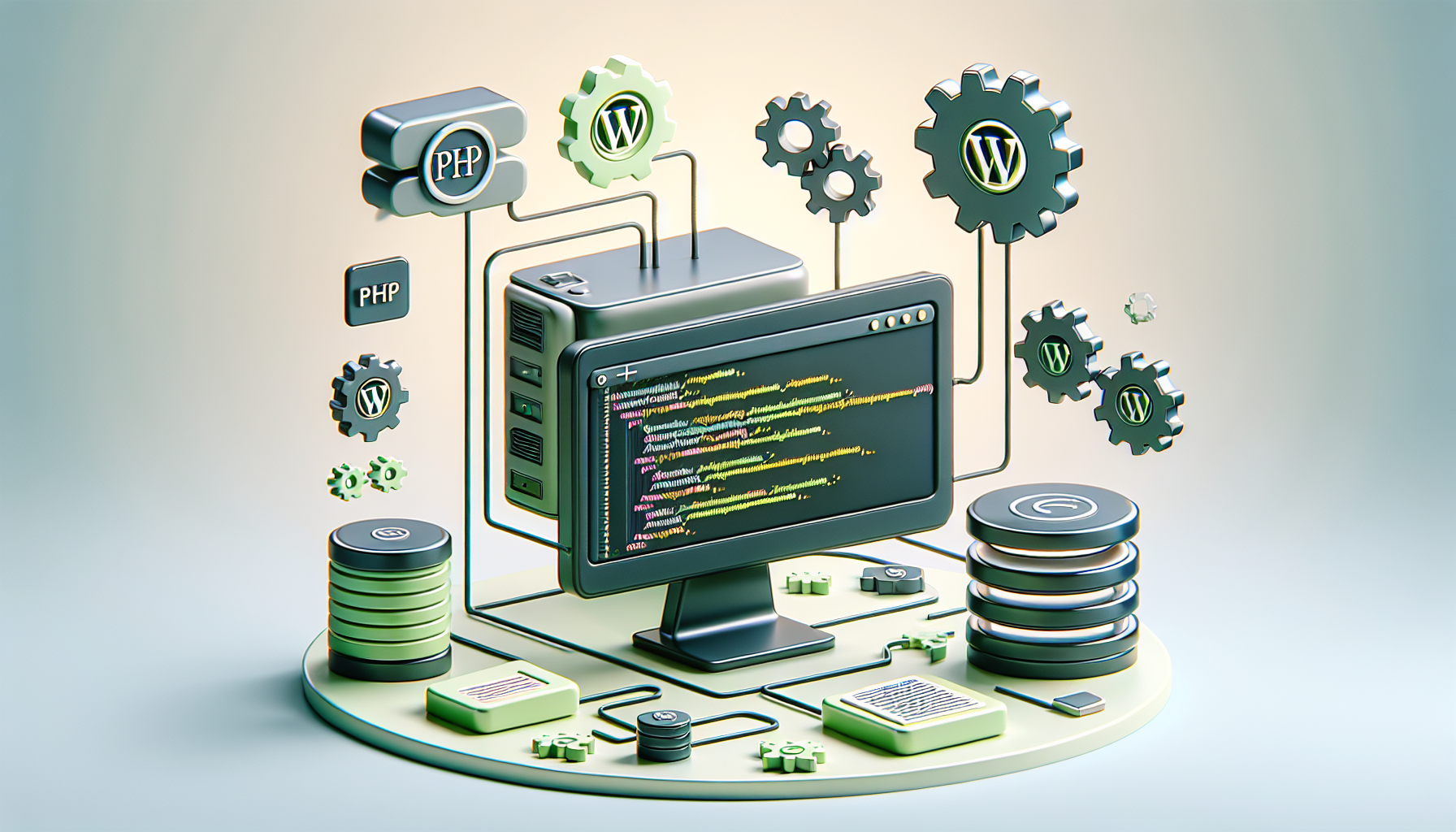 A conceptual illustration showing the interaction of various components necessary for optimizing a database in WordPress. The display includes a generic computer monitor displaying code in chartreuse on a black screen, with a symbol of a generic, non-branded database next to it. Various non-branded gears illustrating optimization processes are interconnecting the monitor and the database. Floating around are various PHP symbols in light pastel colors, indicating PHP's role in this context. No text is displayed on any objects. The environment is an abstract, softly lit, gradient background to keep the focus on the illustrated concept.