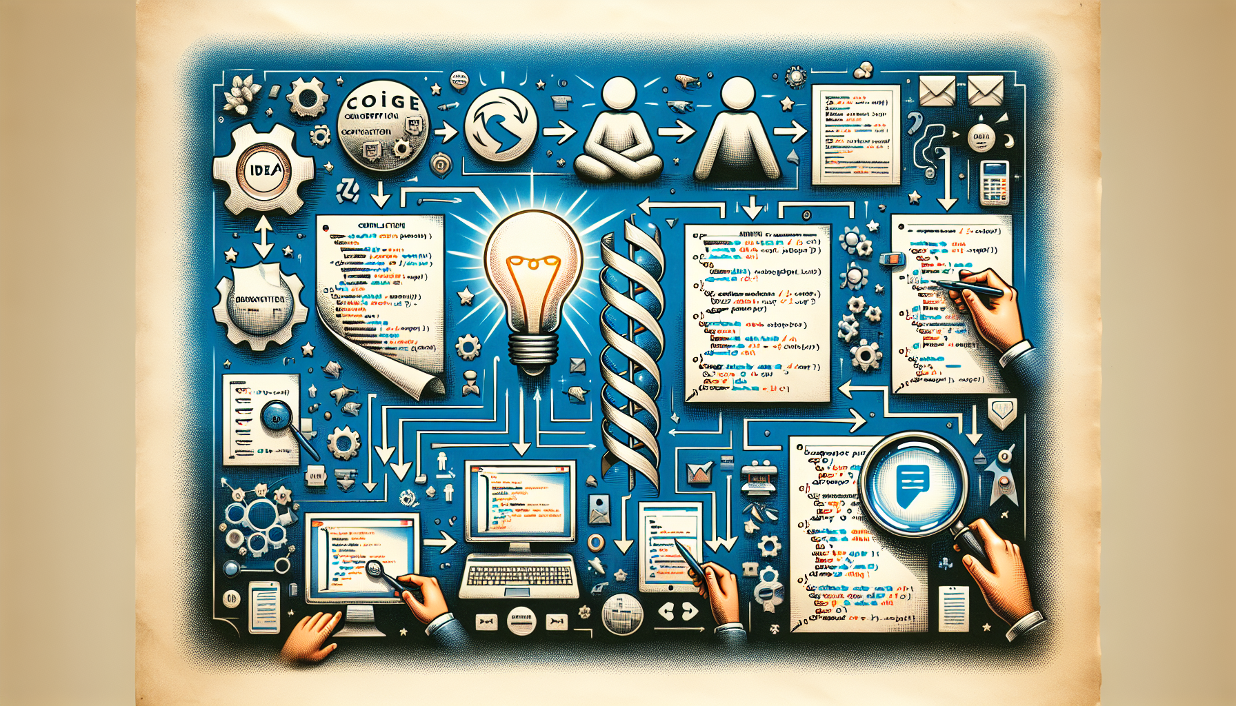 A detailed image depicting the process of creating a contact form for a website using PHP. Across a spread of papers, display symbolic representations of the steps involved. Start with the idea conception bubbling up from a light bulb icon. Then, illustrate coding with PHP through the imagery of curly brackets, and abstract representations of scripts. Subsequently, show the testing phase with magnifying glass inspecting a code structure which is abstractly conveyed. Finally, depict the completion with a tick mark showing successful code compilation. Please avoid depicting any recognizable brand names, people, or logos.