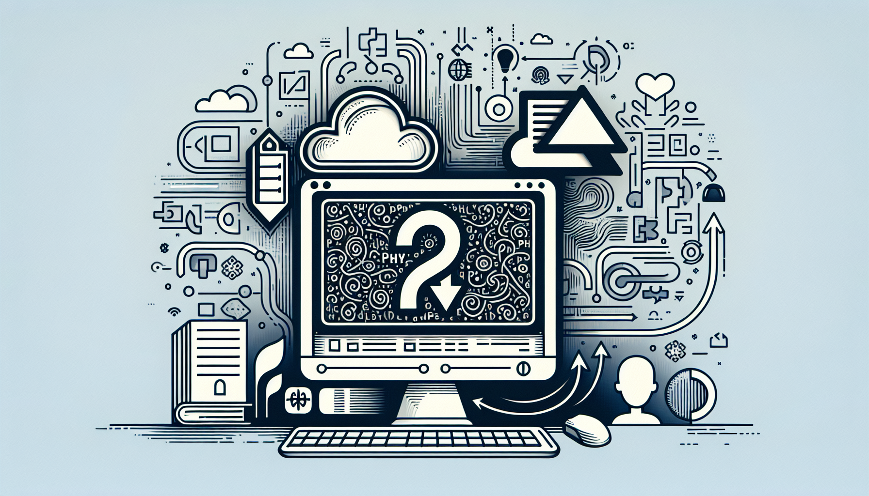 Visual illustration of digital solutions using the PHP language for managing file downloads in a content management system. Picture displays a non-branded computer screen with an abstract design representing PHP script. Next to the computer, there are symbolic representations of files and arrows indicating downloading action. The entire scene is without any recognizable logos, text, brand names, or human figures.