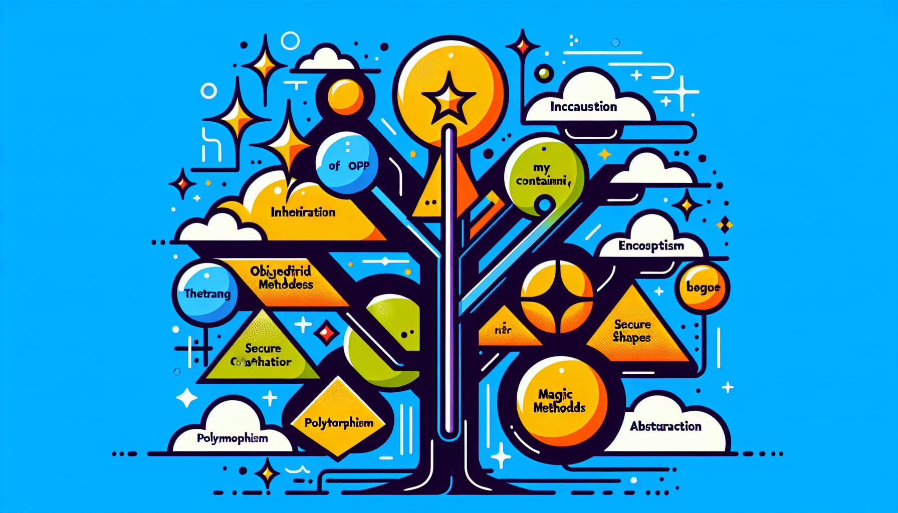 Create an abstract composition representing object-oriented programming (OOP) concepts and PHP magic methods. Show a symbolic representation of a 'magic wand' to suggest 'magic methods' and various abstract shapes to represent different OOP principles - inheritance (a tree structure), encapsulation (a secure container), polymorphism (many shapes in one), and abstraction (a cloud). Design these symbols in a harmonious and educative manner. Do not include any text, people, brands, or logos.