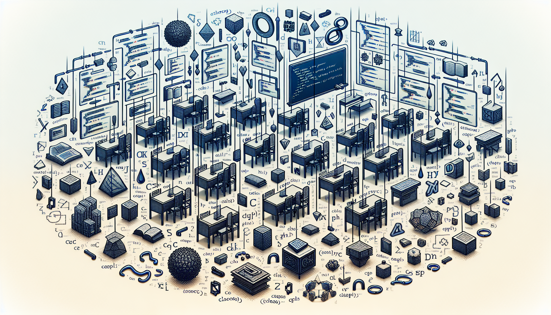 A detailed and symbolic representation of PHP coding language. The image contains various visual metaphors that highlight the concepts of classes and objects in PHP. An abstract classroom setup with chairs and desks arranged in a grid might be shown, subtly symbolizing the notion of 'classes'. For the 'objects', symbols reminiscent of physical objects (like a cube or a sphere) could demonstrate instances of the 'classes'. Moreover, other cues like curly braces, opening and closing tags, and other common PHP symbols may be shown floating around in a cloudlike formation, all in the absence of textual representations or human figures.