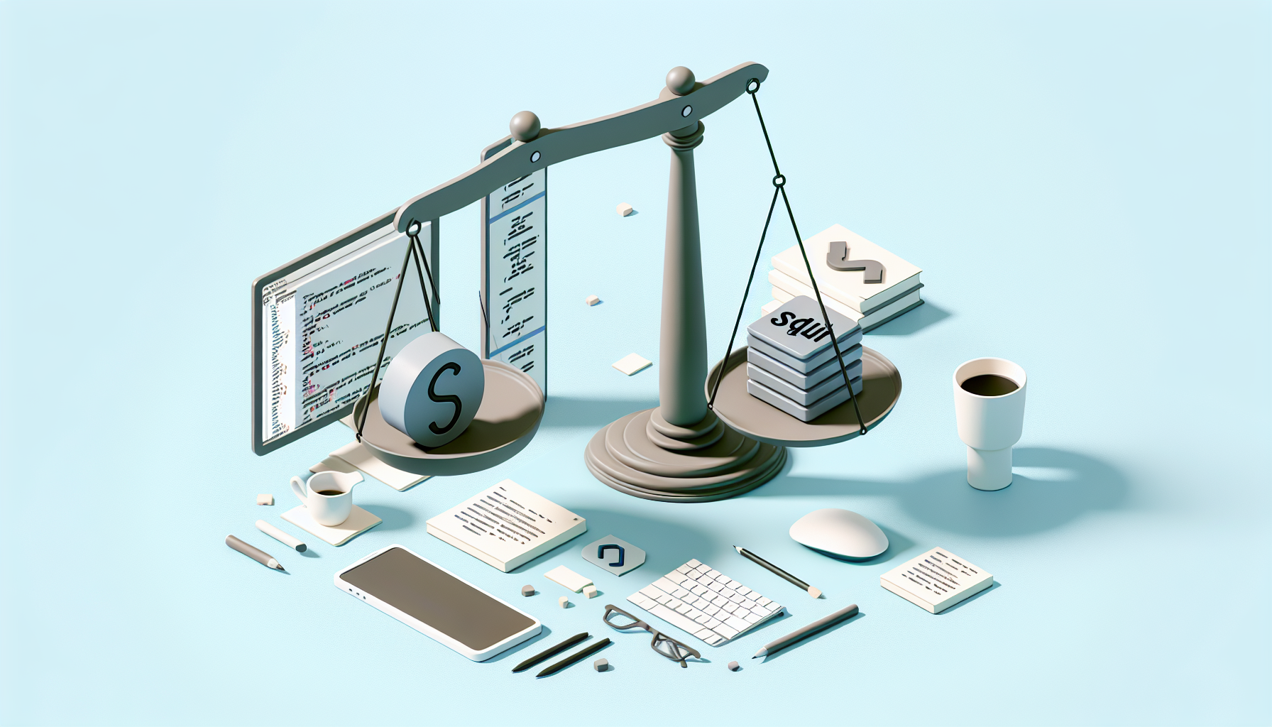 A graphical representation of a lightweight database application being developed, using a metaphor of a scale with PHP logo on one side and SQLite logo on the other, maintaining equilibrium. The surrounding environment is a minimalist developer workspace with a computer, code snippets (abstract shapes to avoid text), coffee cups, and other common coding tools. No brand names, people, or additional text are included in the scene.