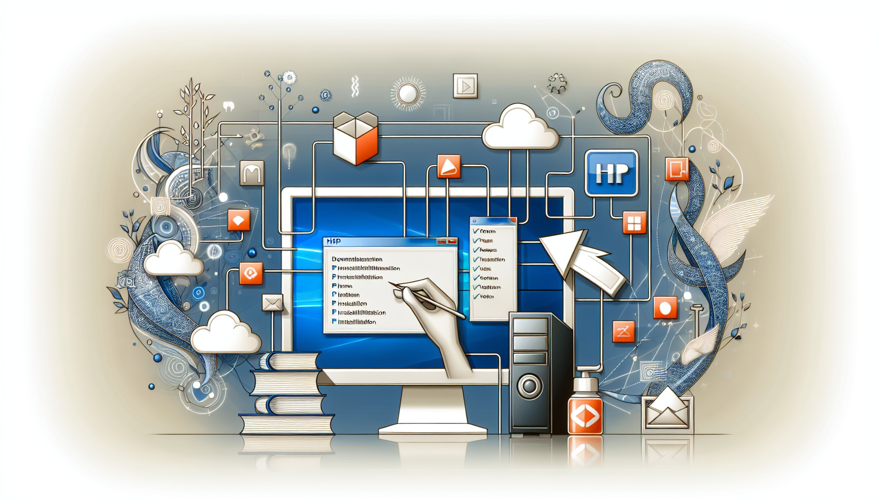 A detailed visual depiction of the process of installing PHP on a generic operating system that is based on the Windows platform. Please include essential steps such as downloading the necessary files, navigating the installation wizard, and verifying the installation. Showcase each step through discrete computer screen captures, abstract symbols, and icons. Remember not to include any people, brand names, logos or text within the image.