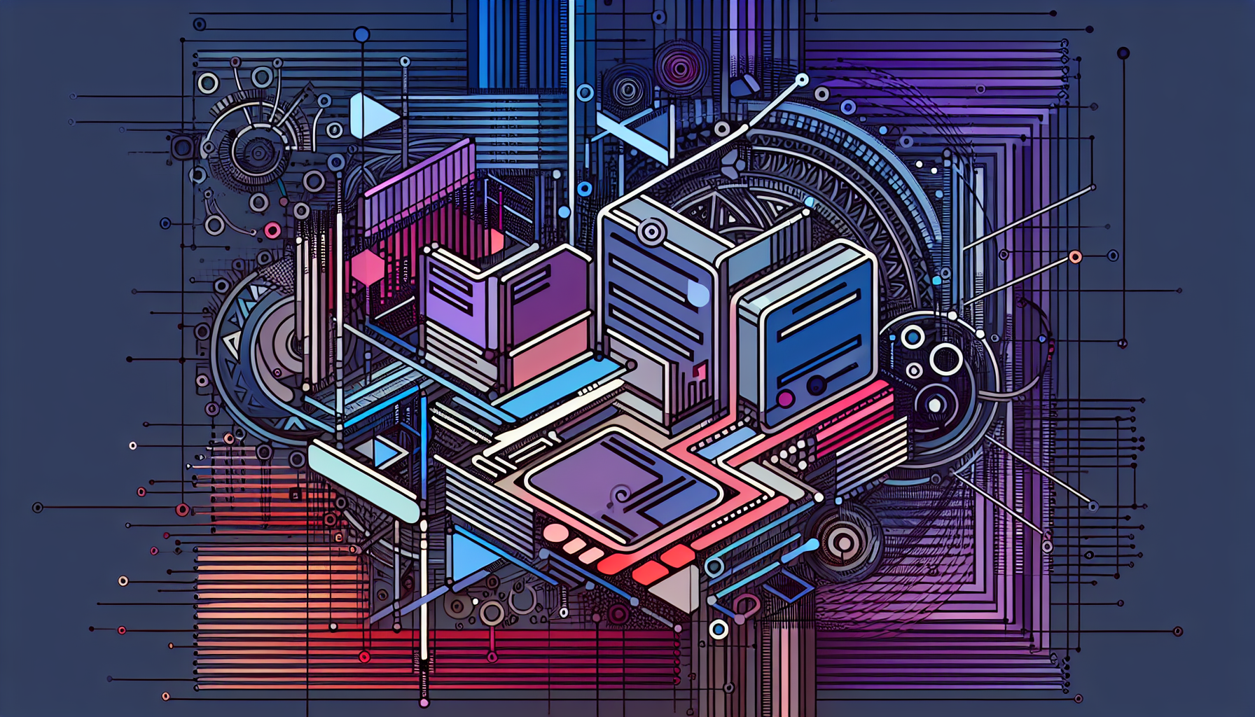 An abstract image representing the concept of building and processing HTML forms with PHP. The image consists of simple geometrical shapes, like rectangles and ovals, symbolizing HTML forms, interconnected with lines - implying data processing and communication. Colors commonly associated with PHP such as purple and blue have been used shading and coloring the image. Also noticeable are subtle intricate patterns symbolizing PHP scripts, seamlessly blending into the design. Note, there are no brand names, logos, textual elements or people present in the image.