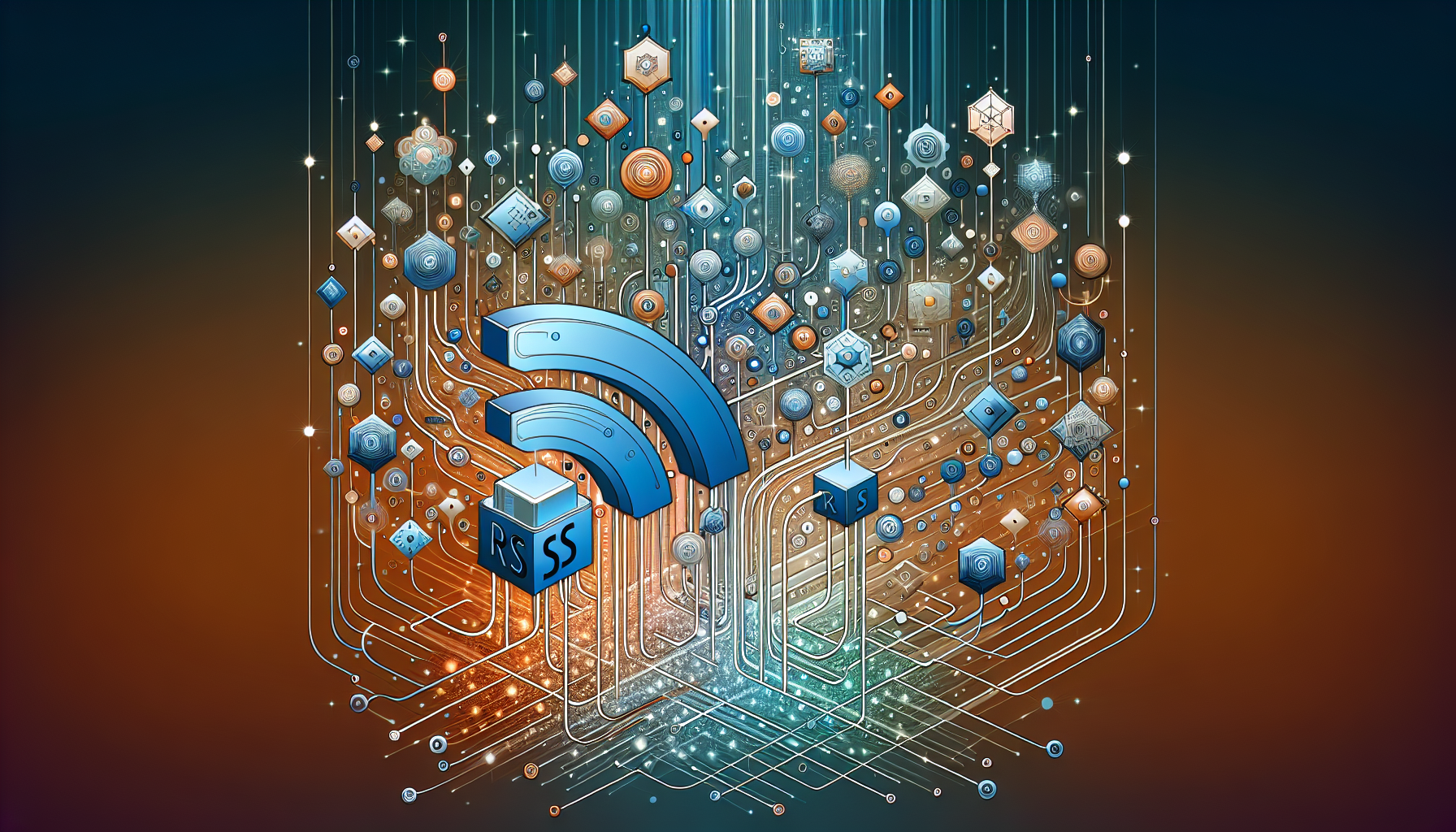 An abstract representation of a digital ecosystem intended for optimizing RSS feeds. It shows various interconnected nodes signifying content delivery. Rows of stylized, unique symbols, representing individual posts, flow in a specific direction denoting their distribution to subscribers. The RSS feed symbol is depicted as an abstract geometric shape in the center. Everything is entwined in a beautiful network of radiant lines, conveying an organized and efficient system for content distribution. The color palette consists of soothing yet contrasting colors. The overall image has a clean, minimalistic, and modern aesthetic.