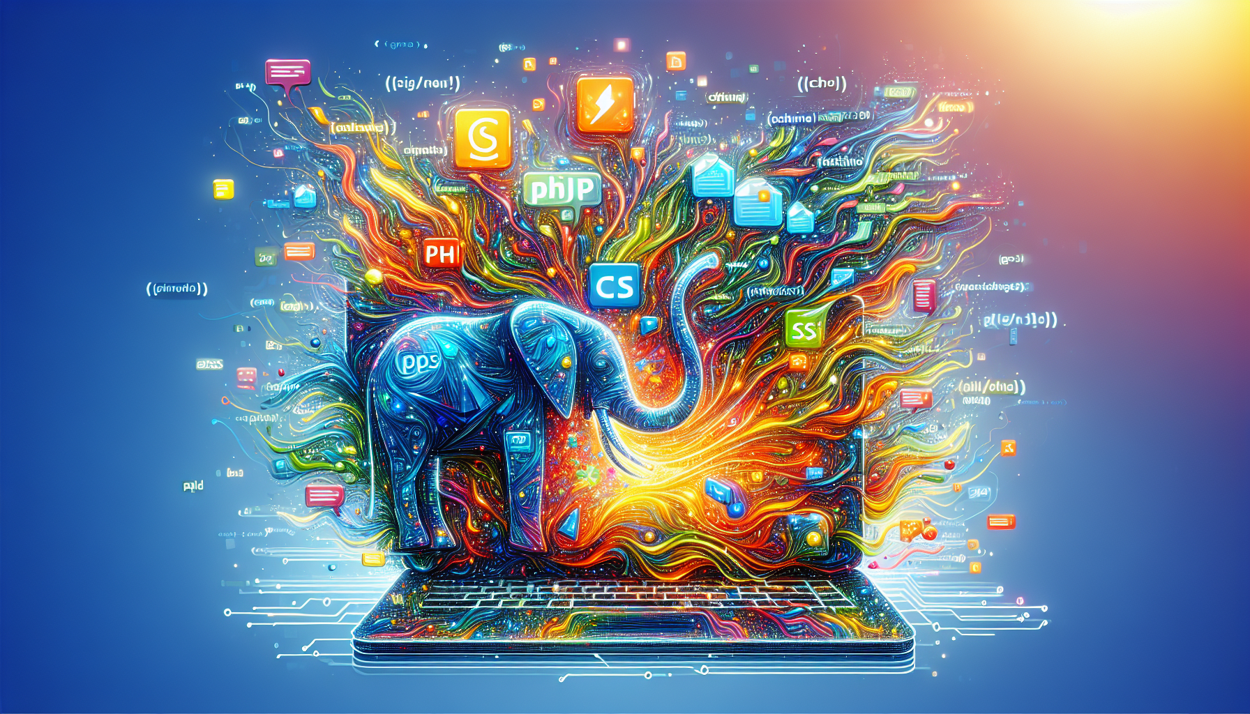 Generate an image ideal for an article about web development. It should depict the dynamism of PHP and CSS. Visualize this as a bright, vibrant, complex web of code cascading down a computer screen or similar. Showcase PHP symbol (elephant) and CSS symbol (sheet of style) to depict their corresponding coding languages. Avoid any indication of individuals, brand names, logos, or text on items. Also, do not include any text within the image.