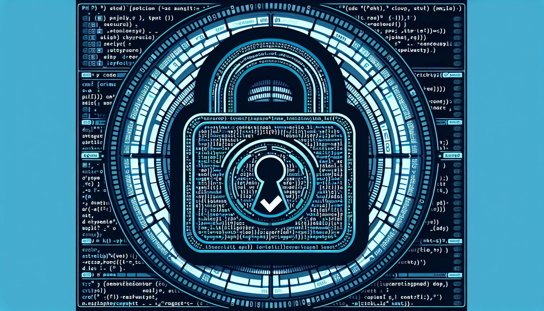 An image dedicated to the subject of user authentication in PHP. Visualize a secure digital lock on a screen that is shaped like a PHP coding terminal filled with lines of generic, non-specific code. The lock's design should include a keyhole, symbolizing security, and a check mark, representing a successful login. The design must not contain any text, logos, people or brand names. The color scheme should be in cyber-security style, featuring blues, blacks, and greens.
