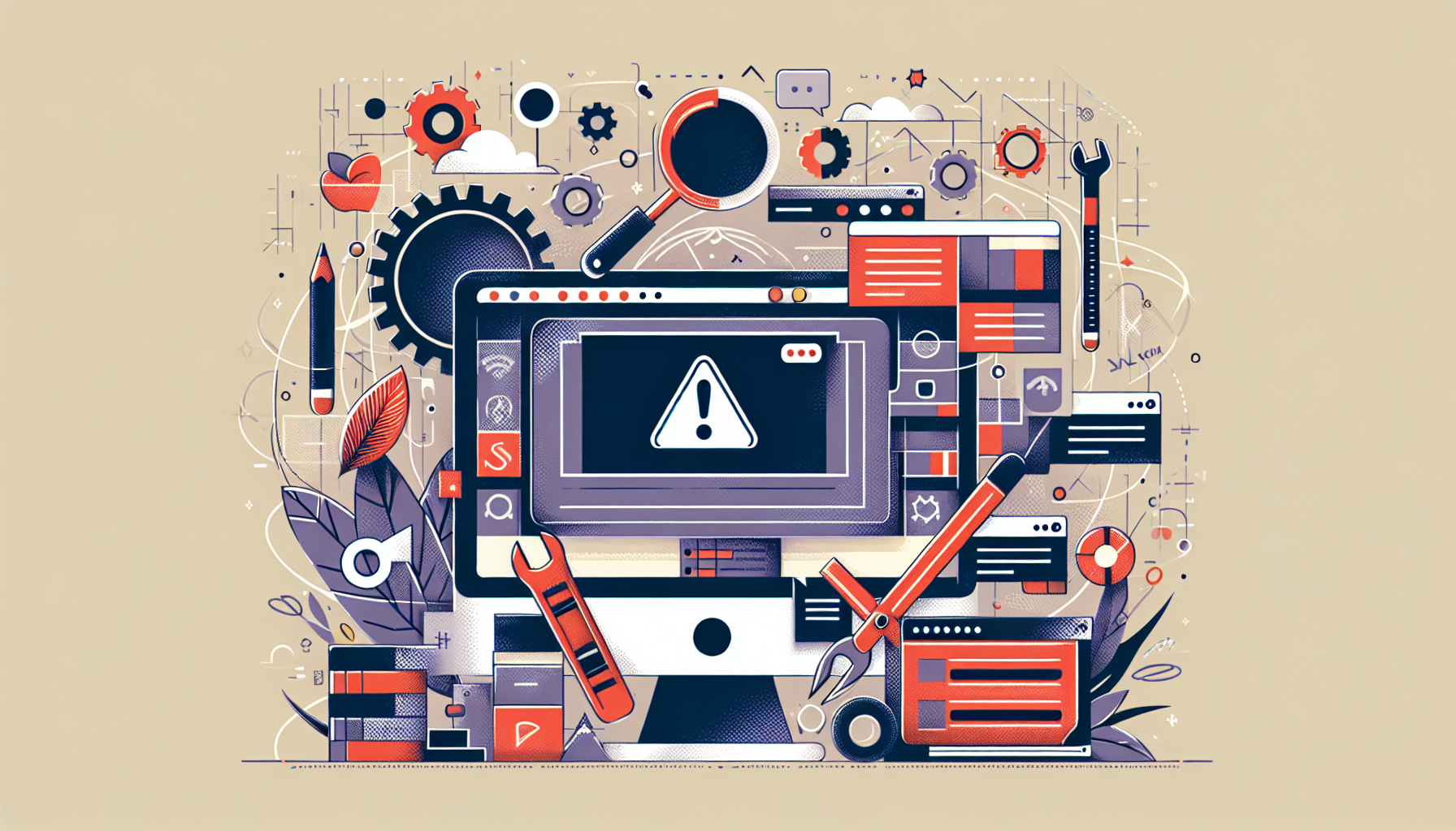 An abstract illustration of a computer screen displaying an error message icon, symbolically showcasing a problem with installing a theme. Surrounding the computer is a variety of tools like a magnifying glass and wrench, signifying the process of troubleshooting. Web design icons such as a paintbrush, gears, and code symbols sway around the image on muted backgrounds, indicating the customization potential of themes. There are no people, text, or recognizable brand logos within this illustration.