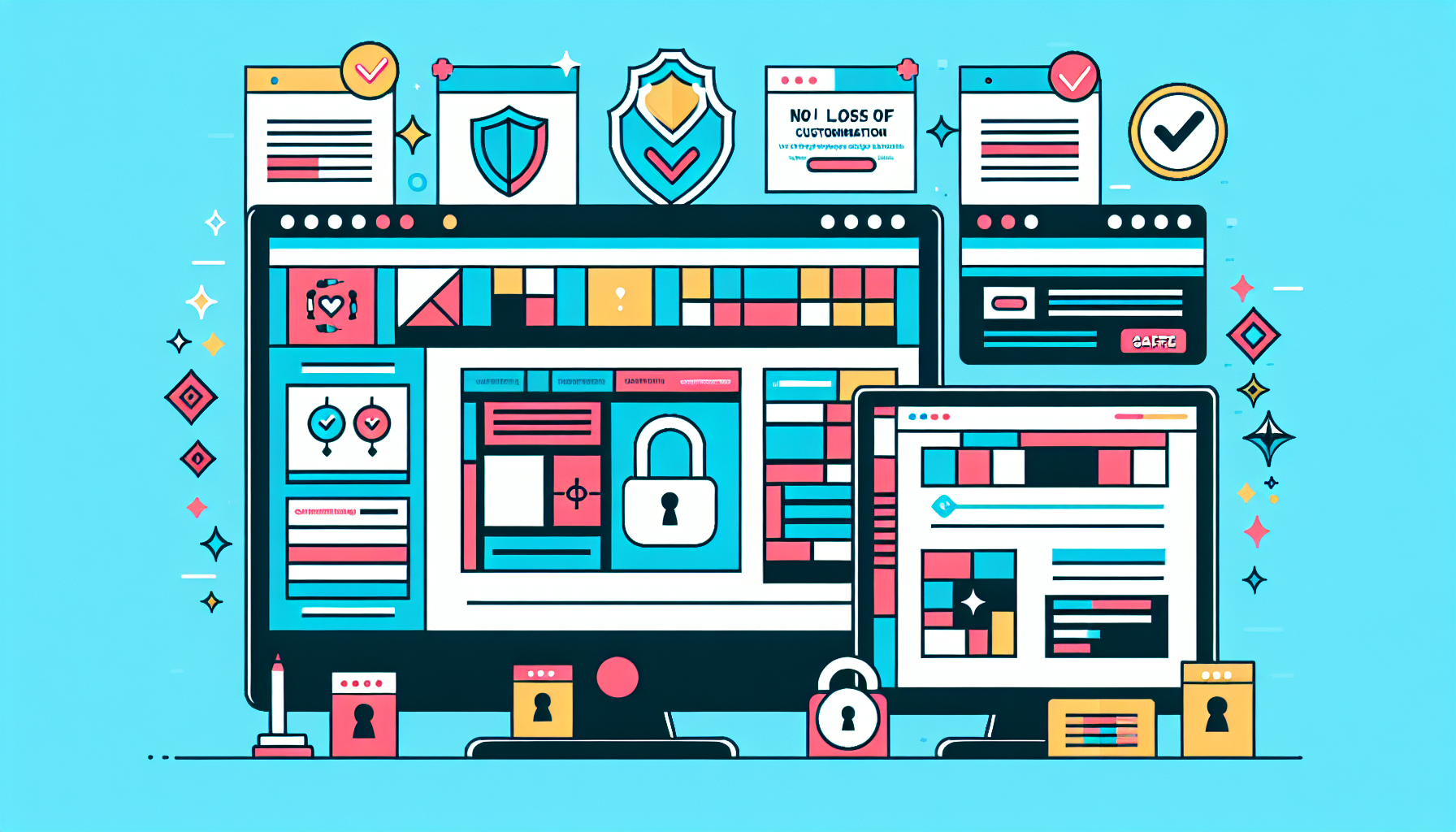 Illustrate a general visual representation of a safe WordPress theme update. Picture a computer screen displaying a non-branded theme with several custom visual elements, like color blocks, unique icons, and abstract patterns. Additionally, include visuals emphasizing safety, such as a lock symbol and a checkmark. To signify the process of updating, depict two adjacent screens, one displaying the original theme and the other displaying the updated version. Lastly, represent 'no loss of customization' by maintaining the custom elements in both versions. Note that the image should not contain any text, people, brand names, or logos.