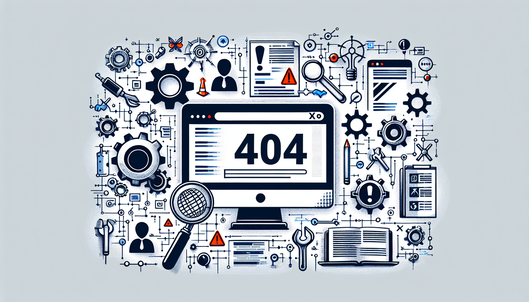 Generate an image depicting the process of creating a custom 404 page without text and people. Illustrate a blank computer screen along with components like gears, tools, coding symbols - encapsulating the essence of the website customization process. Ensure there are no recognizable brand names or logos visible. Visualize an abstract concept of error represented by symbols like broken link or exclamation sign.
