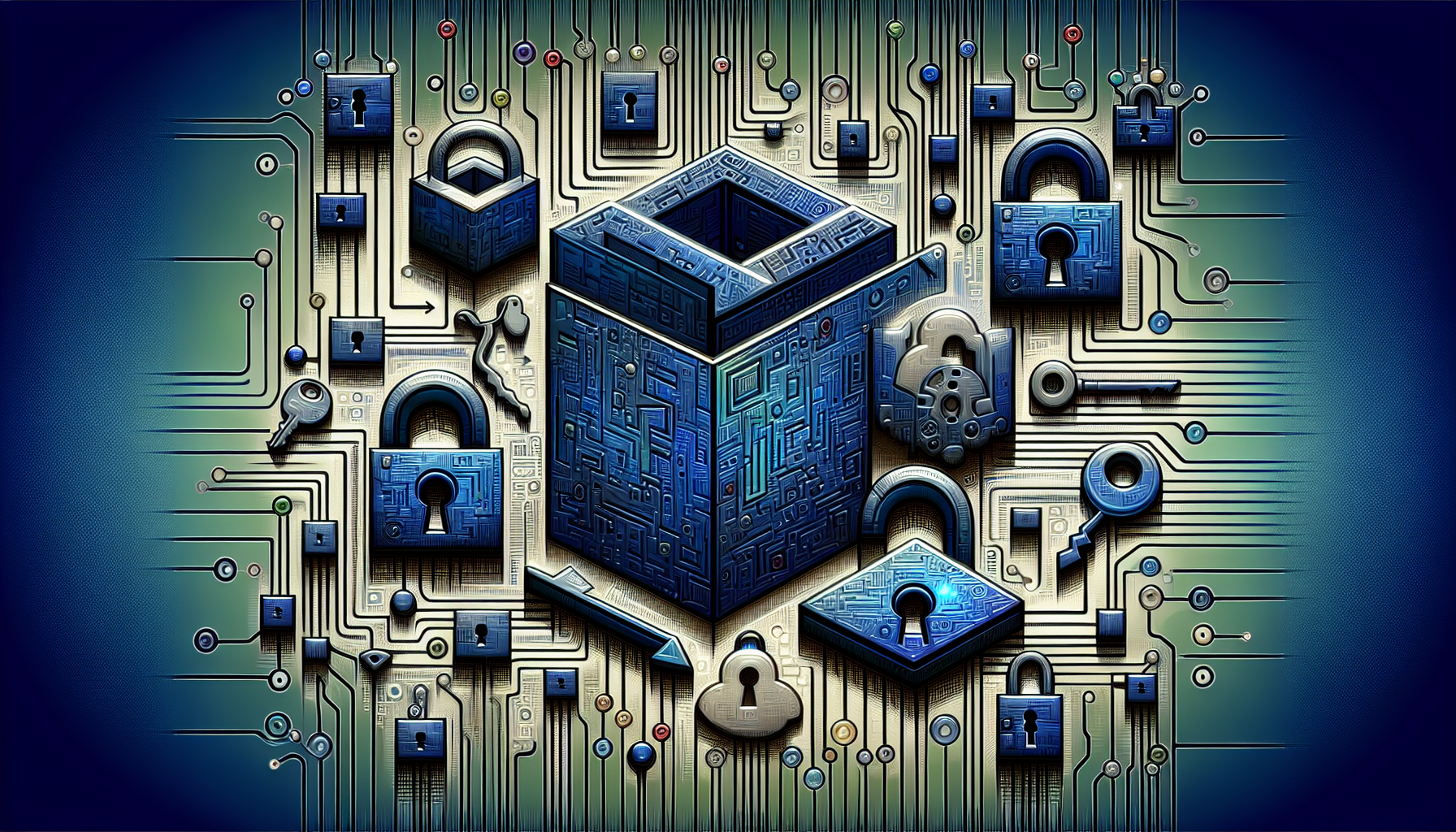 A detailed illustration of an abstract digital space representing file security in PHP scripts. The metaphorical image contains several icons symbolizing permissions, such as locked and unlocked padlocks, keys, and script symbols. These elements are intricately interwoven within a network of circuits, symbolizing the interconnected nature of the different file permissions in PHP. The color palette is predominantly cool, with shades of blue and green, providing a sense of tranquility and safety.
