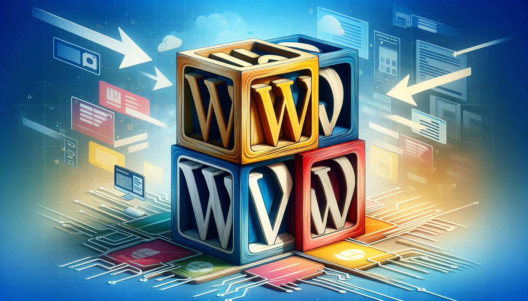 A vivid interpretation of two abstract geometric structures that represent two WordPress-like websites symbolically. These structures are poised on the cusp of merging, signifying the integration process. They are surrounded by step-by-step footprints leading from one structure to the other, indicating the guidance provided in the article. The background showcases an environment of digital efficiency; filled with soft hues of blues and whites to evoke a sense of calm and clarity. Noticeably, there are no textual elements, brand indicators, or human presence in this composition to abide by the given constraints.