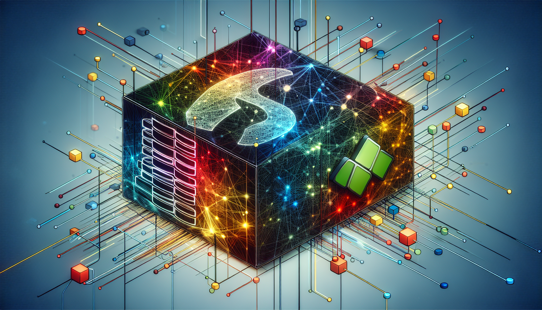 A perspective view of a PHP logo and MongoDB logo, both depicted in a non-branded manner, overlayed on top of abstract representations of NoSQL databases. The databases should be represented as interconnected nodes and network lines, symbolizing data connections. Various colors are incorporated to indicate the dynamic and multi-faceted nature of the subject. It's an aesthetic blend of minimalist design and technological concepts, and there are no people or written text present in the image. No brand names or logos are identifiable within the image.