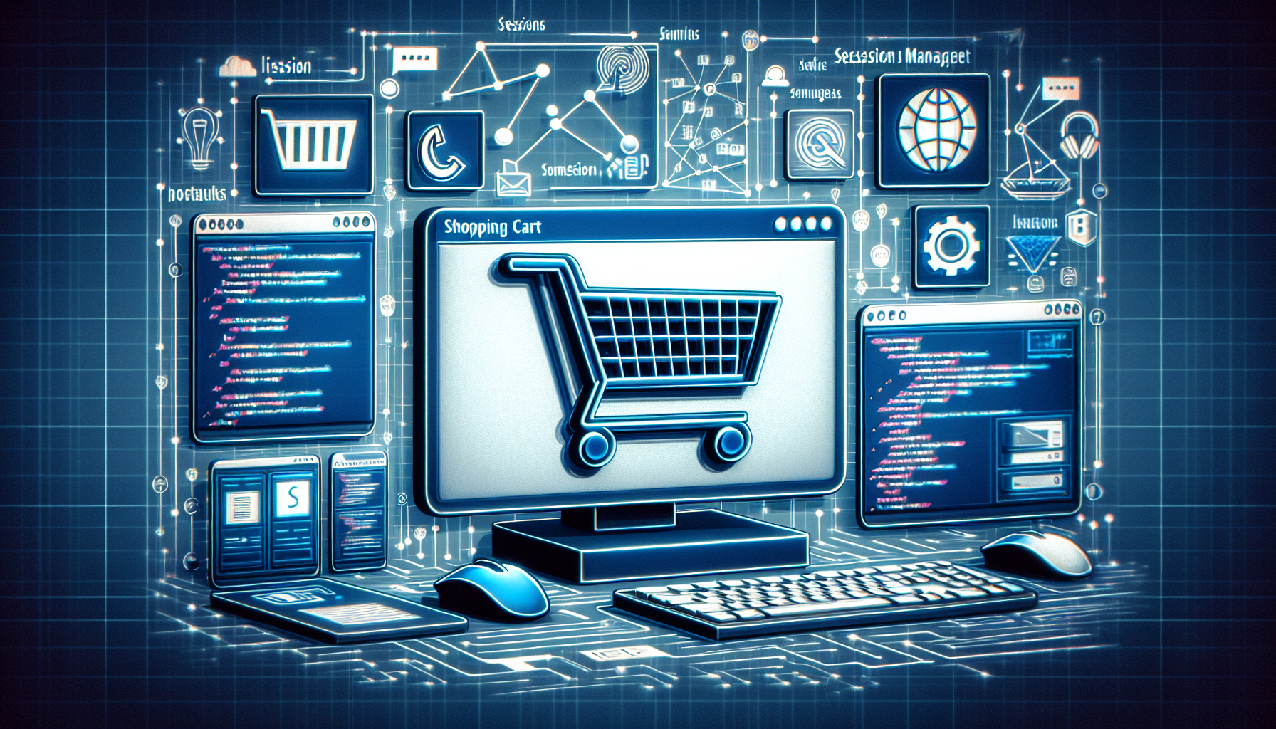 An abstract representation of a shopping cart software made with PHP. The image conveys the idea of session management without using any text. It includes various digital icons like a shopping cart, computer screens displaying lines of code, and network diagrams. All objects are non-branded, and there are no people present in the scene.