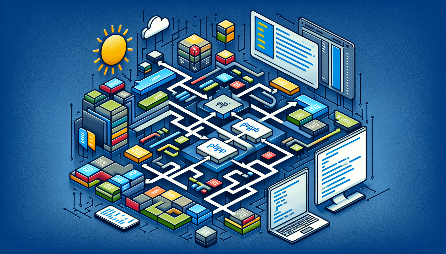An image illustrating the concept of PHP Regular Expressions. The scene includes a large flowchart in the center comprised of connected boxes and arrows, denoting a hypothetical regular expression pattern. To one side, there's a representation of a computer screen with generic code snippets. Finally, there's an abstract symbol for 'beginning', such as an open book or a sunrise, but they are void of any text or brand names. The overall color scheme mirrors the colors associated with coding and PHP: deep blues, light greys, and pops of bright green.