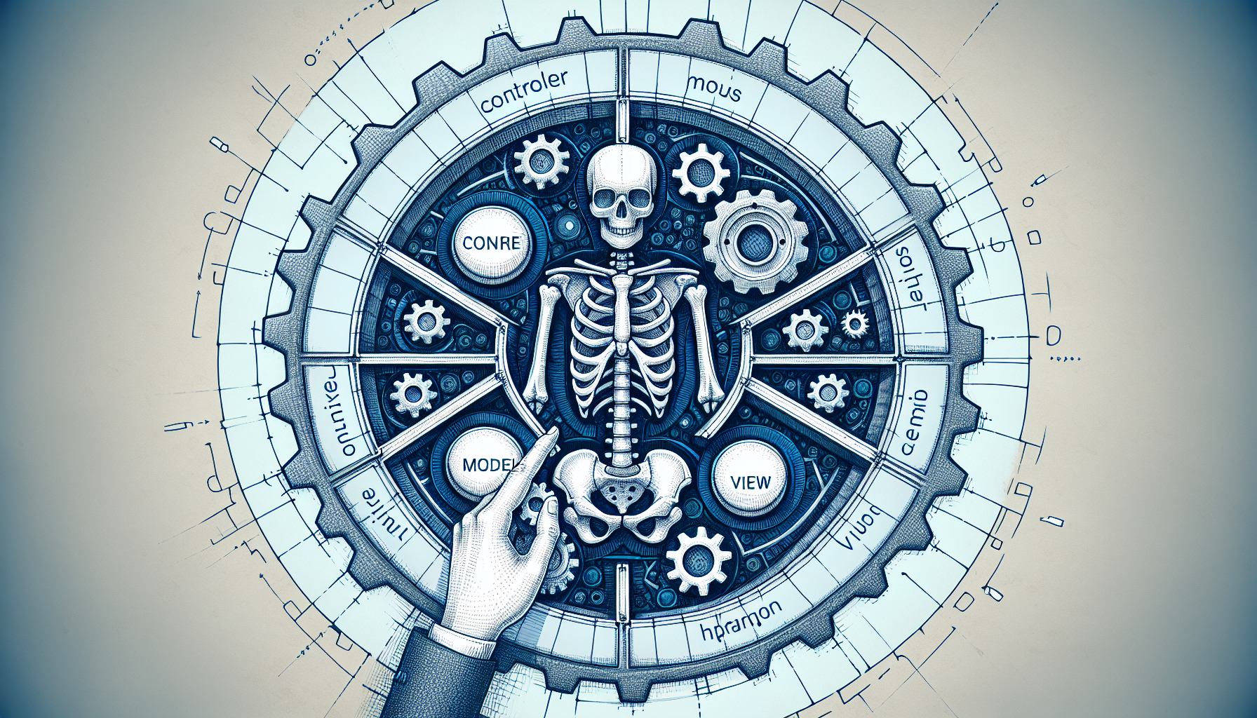 An abstract representation of building a custom PHP framework. The center holds a skeleton diagram divided into sections that represent the fundamental structure: controller, model, view. Each section is drawn with lines and shapes only. The surrounding environment transforms into gears and cogs, symbolizing the working of the framework. To suggest PHP, subtly incorporate the colors of its logo (blue and white) in the image, but take care not to display logos, brand names, or text.