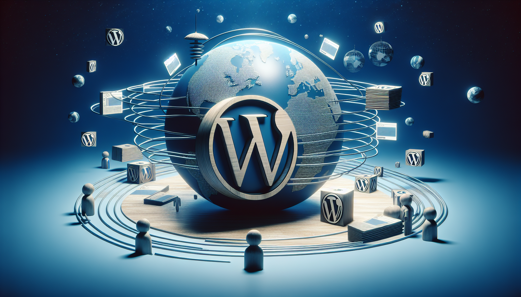An image representing the concept of a Content Delivery Network (CDN) being used for handling images on a WordPress website. The scene should include symbols of WordPress and a CDN in action - a globe encompassed by lines to signify the worldwide distribution of data and a WordPress logo stylized as an abstract, simplistic design without breaching copyrights. Also, depict a flow of images from the WordPress symbol towards the globe to portray the CDN in action. It is essential that the image does not contain any text or brand names, and no people are to be included in this visual narrative.