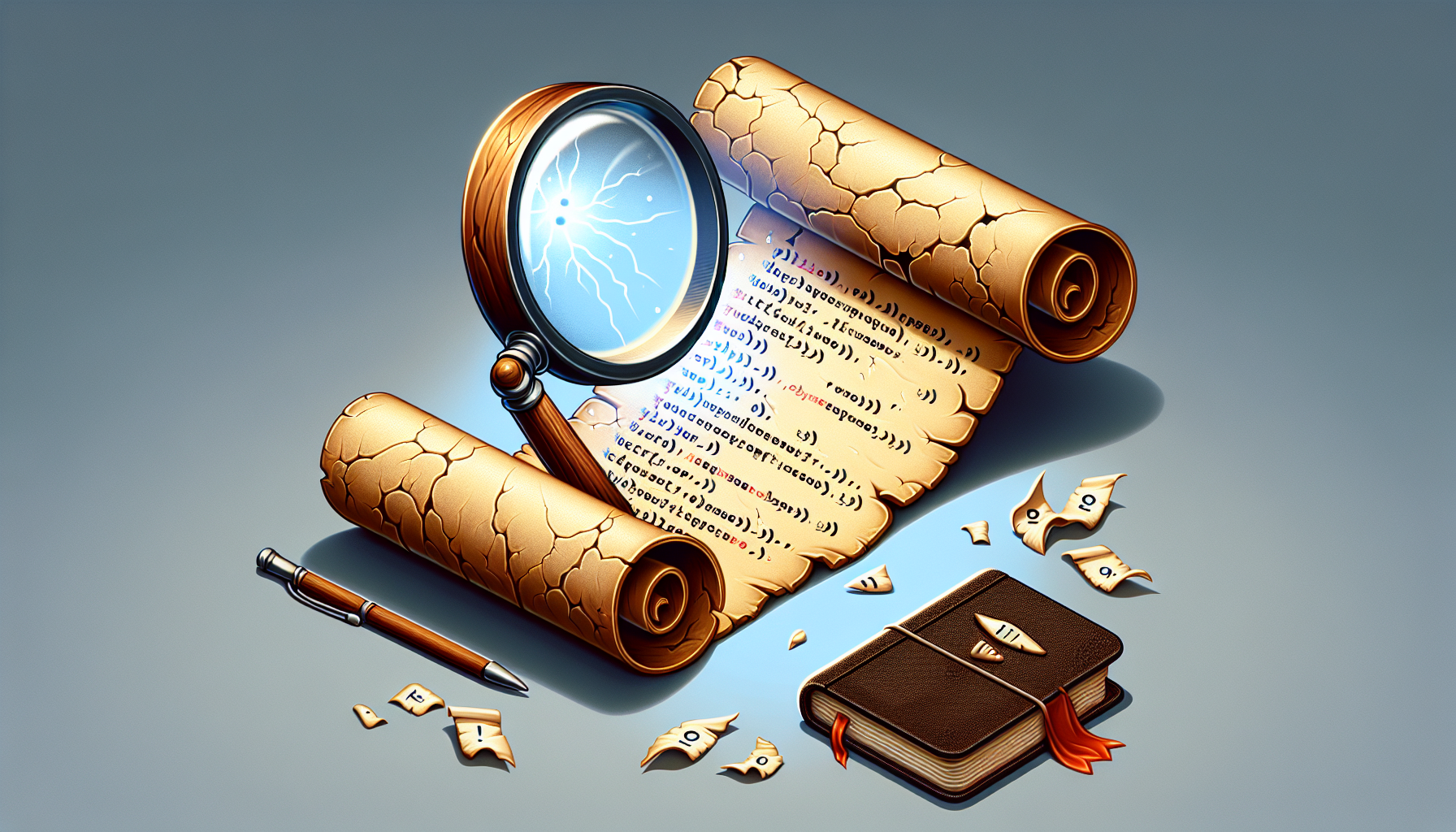 A detailed visual metaphor representing PHP error logging. The image should depict a magnifying glass focusing on traditional parchment scroll representing PHP code, with ones and zeros evident on the scroll. There is a notebook and a stylus beside indicating the process of monitoring. Small and subtle cracks with faint light emanating suggesting errors within the code, but no tangible shapes or discernable text. No brands nor logos are present in this image, and no people are present in this image either.