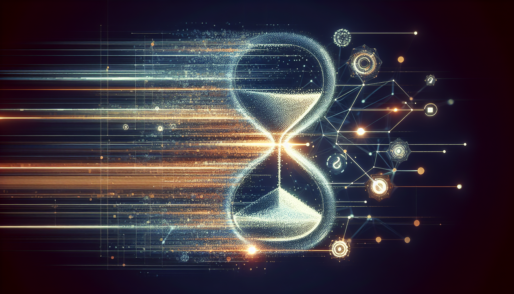 Craft an abstract digital image that communicates the concept of a website becoming faster. Picture this as a series of blurred lines, indicative of speed, and small circular icons, representative of loading elements. Furthermore, integrate the effect of scattered light beams, to symbolize the dispersion of load times, and a half-filled hourglass with sand grains flowing at a slow pace, signifying the reduction of wait times. Lastly, carefully avoid the inclusion of any recognizable human figures, text, brand logos, or brand names.