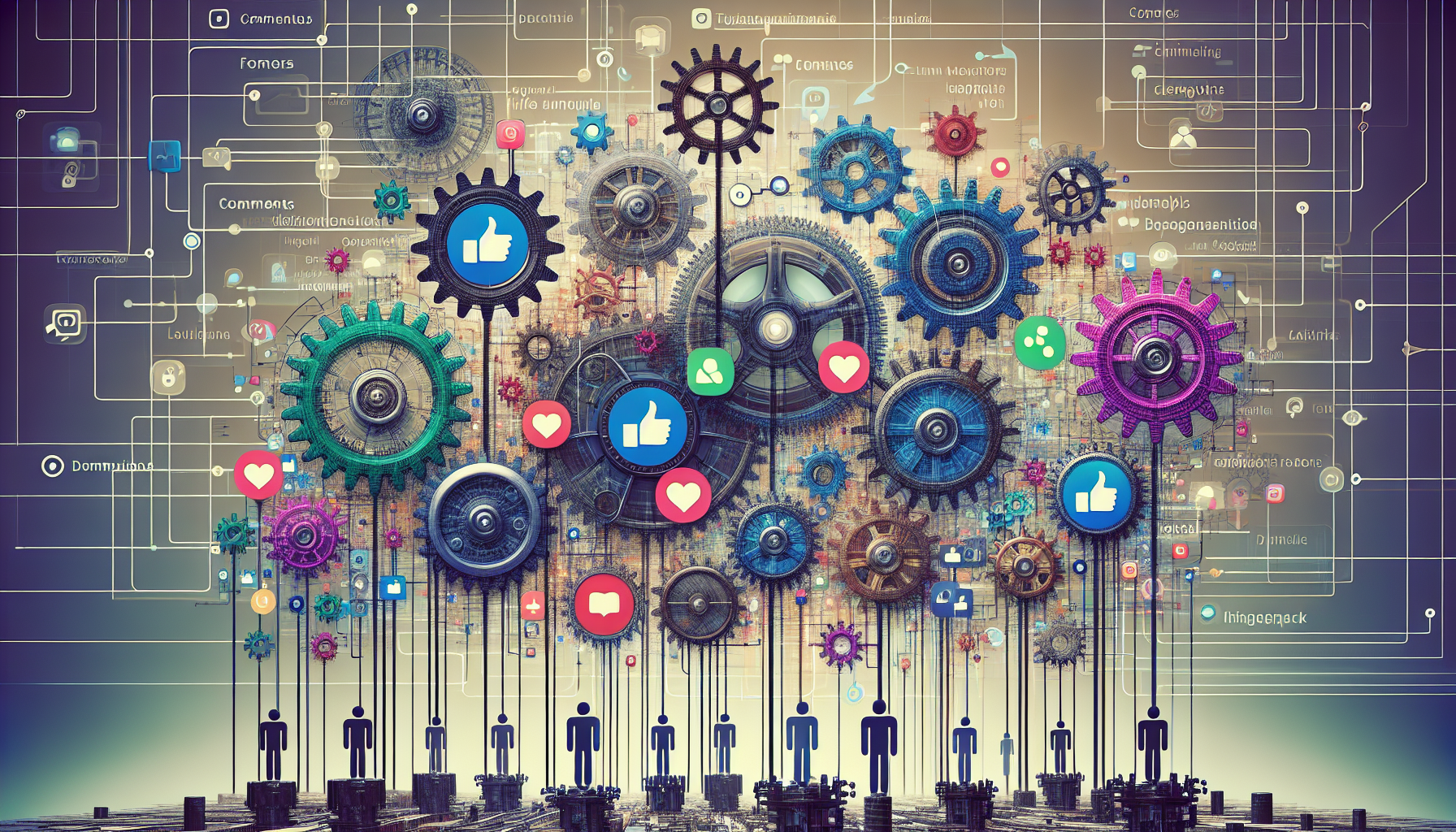 Create an abstract representation of social media automation. Display a series of interconnected gears and machines in a digital landscape, symbolizing the mechanical automation in progress. Subtly apply different colors to each gear and machinery representing different aspects of social media like comments, likes, shares, and posts. Exclude any human figures, text, brand names, or logos from the image. Set the overall aesthetic to one that suggests efficiency and modernity.