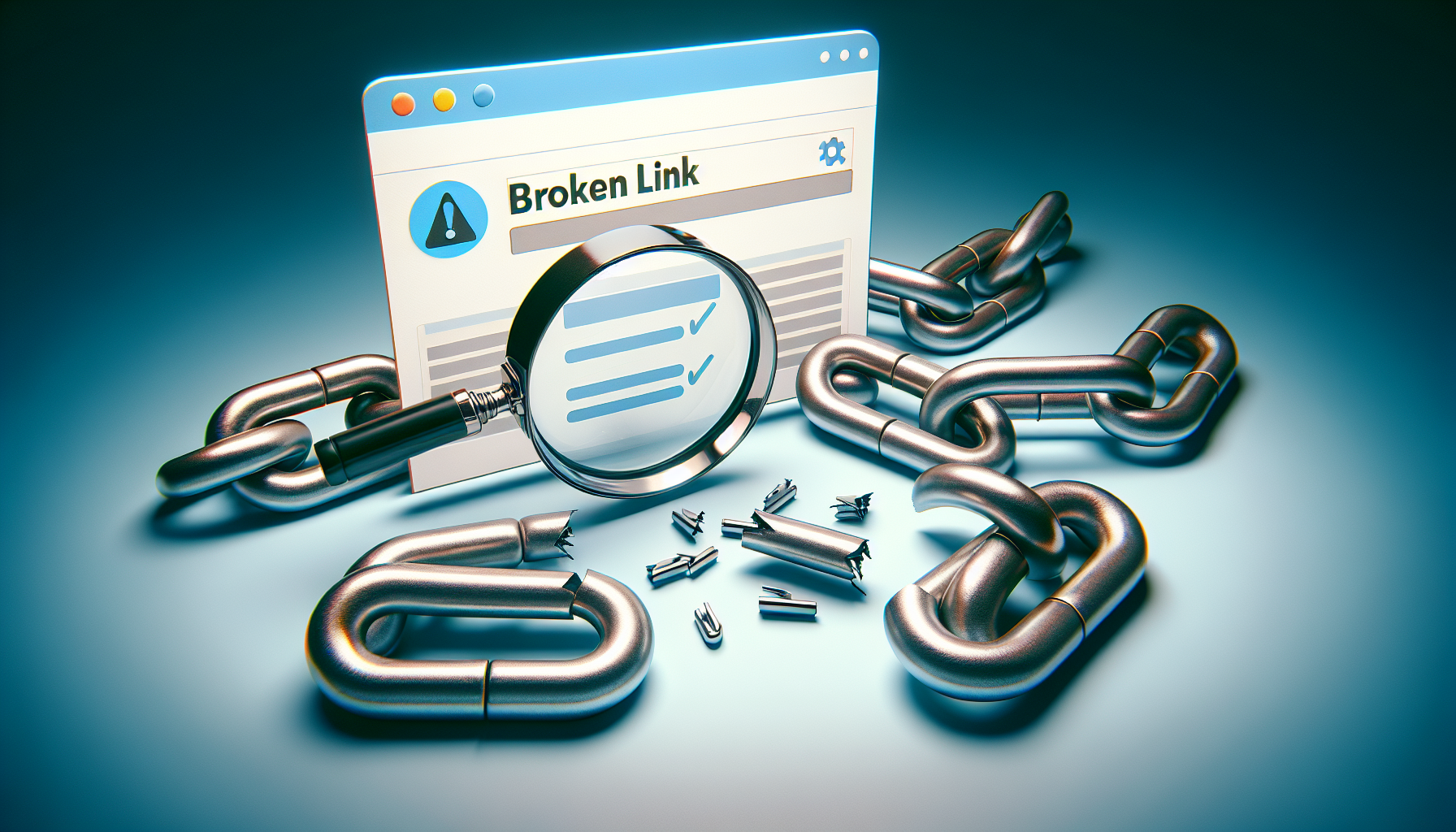 An image representing the problem-solving process involved in fixing broken permalinks in a generic website construction platform. The foreground should host a magnifying glass hovering over the broken link sign typified by a chain link that's severed. Adjacent to that, another chain link, fully intact, symbolizing the final state after the correction. The background can subtly embody a non-specific computer screen for context. No text, brand names, logos or individuals should be featured.