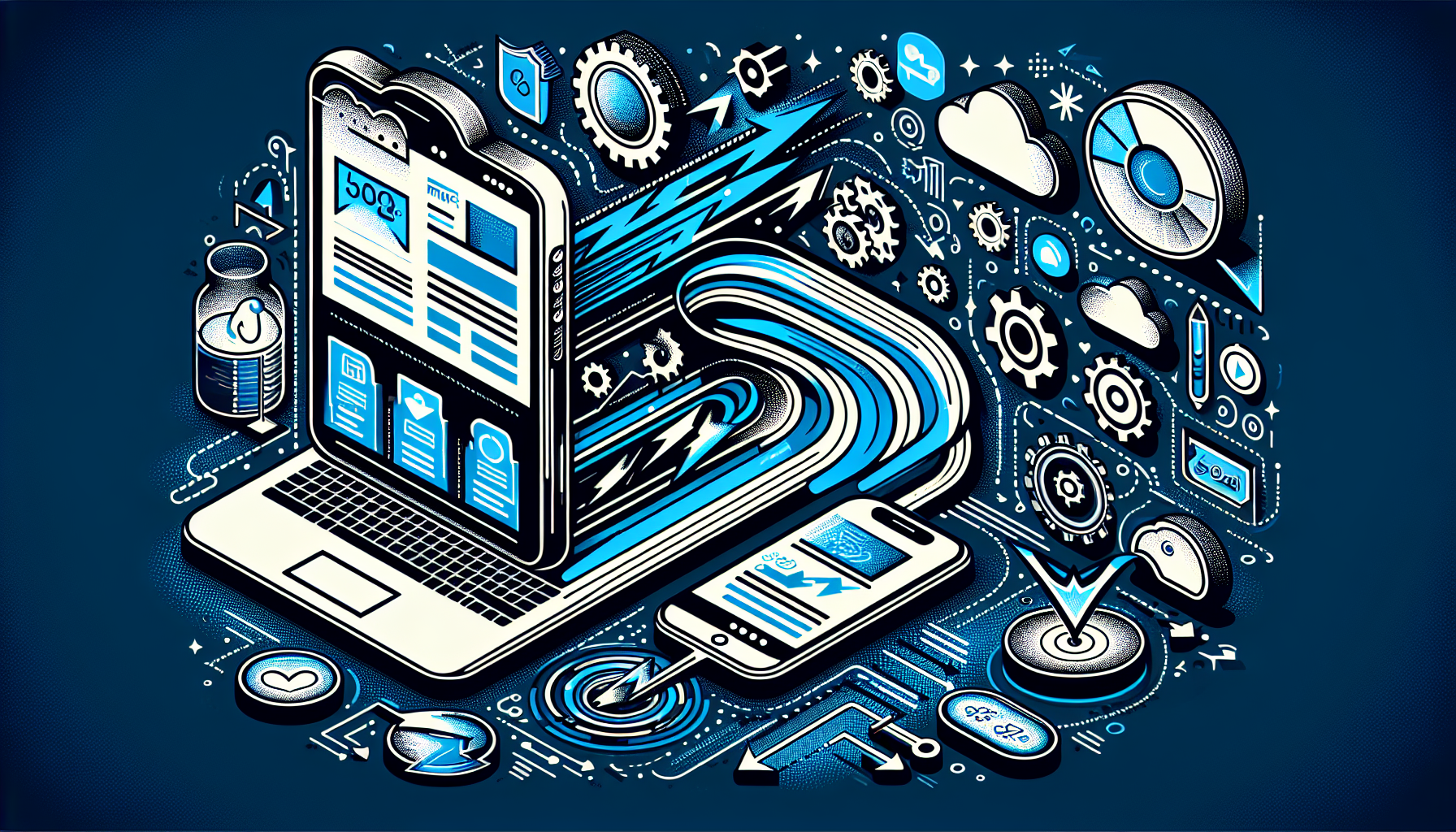 Create an image that visualizes the process of refining a blog or website for accelerated mobile browsing, represented in an abstract way. Illustrate a simple website interface on a larger device, such as a desktop computer, at the left side of the image. On the other side, show a smaller device like a smartphone displaying the same website, but faster, with symbols like lightning bolt, streamline and smooth waves to represent speed and agility. In the middle, include a series of generic icons indicating actions or steps of optimization and integration, such as cogs, circle arrows, or gears, which connect the two devices. Note to exclude any recognizable brand names, logos, people, or text in this image.
