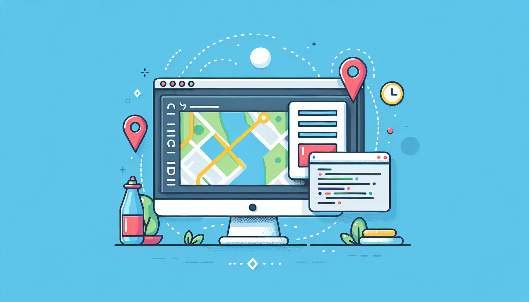 Create a simple image for a blog article. The image should convey the process of adding a maps feature, typical of web navigational tools, to a website platform. The picture can contain a stylized computer screen showcasing a maps layout or interface with geolocation markers, zoom options, and interactive features. Additionally, show a separate section of the screen with a simplified code editor interface, indicating the process of integrating this feature onto a website. Please exclude all brand names, logos, text and people from the image.