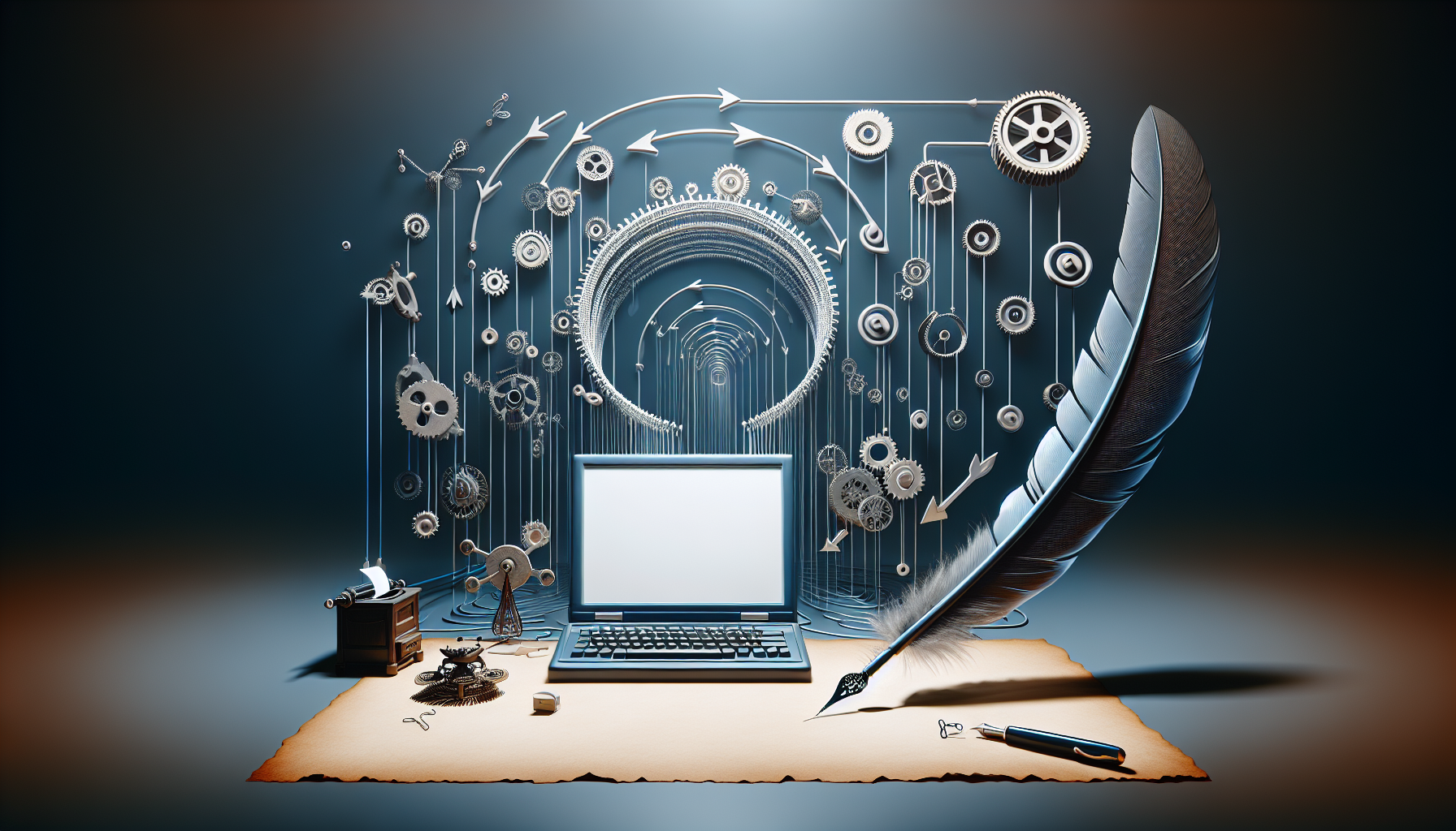 An abstract conceptualization depicting the process of limiting post revisions using a content management system similar to WordPress. The image showcases an itinerary of a typical blogging journey: a feather quill hovering over a a blank screen which is intricately connected to a system of gears and pulleys, symbolizing the internal mechanisms of a CMS. In the backdrop, a semi-circular array of arrows diminishing in size, suggests the process of limiting revisions. All items are devoid of any specific branding, text, or human presence.