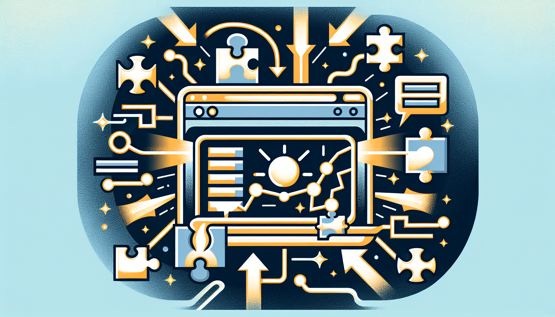 Illustrate an abstract representation of WordPress SEO plugins enhancing a website's rankings. The image should show a simple stylized representation of a website framed by browser windows. The website should radiate brightness, symbolizing improved visibility due to SEO optimization. Above the website, representing the plugins, a series of puzzle pieces are fitting together seamlessly. Intertwining arrows and lines connecting the pieces and the website, manifesting the improvements in site ranking, weave through the image. All symbols, shapes and lines within the illustration should be generic, free of text, identifiable human figures, or elements that directly or indirectly refer to specific brands or logos.