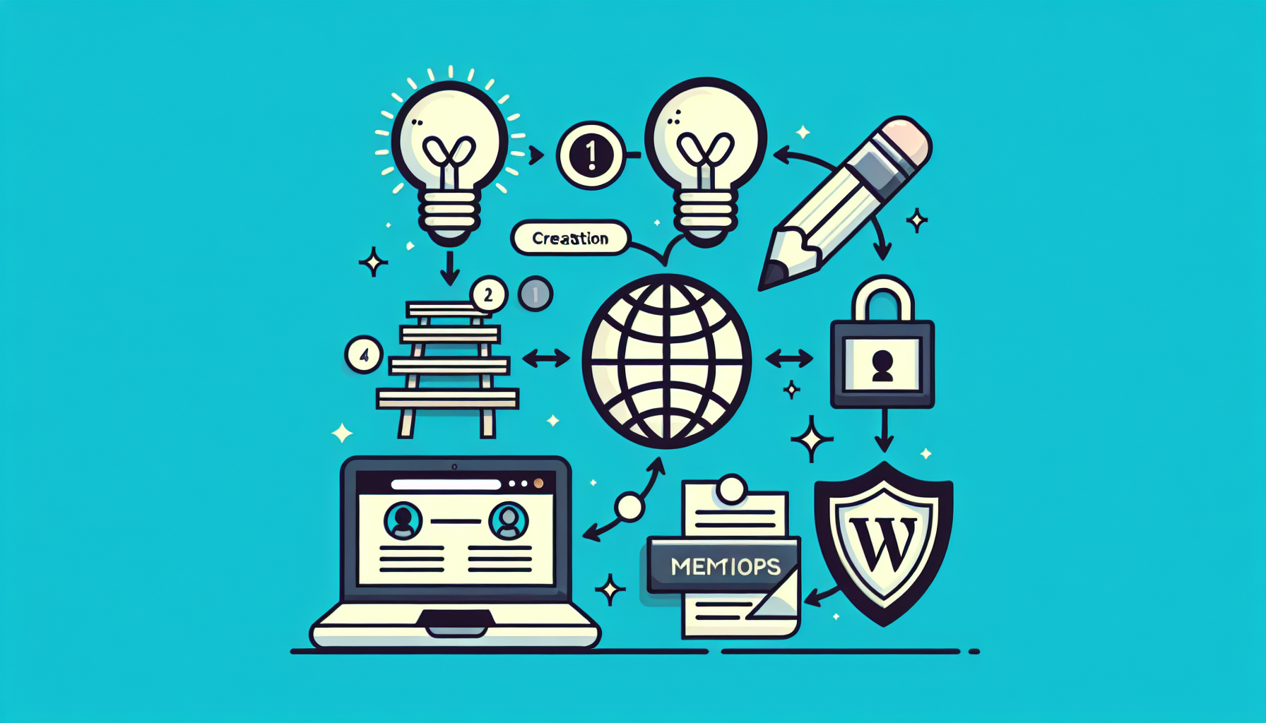 Depict a step-by-step manual creation process using symbols and objects. The first step may show a lightbulb symbolizing an idea, followed by a pencil and paper for drafting a plan. Then show a coded lock to represent membership creation, follow this with a symbol of the globe encapsulating a network of nodes, to denote a global network or the internet, hinting at WordPress. Also, have an image of a blank laptop screen as a nod to the online aspect of the site and a protective shield to symbolize site security. No humans, brand names, or logos should be included.