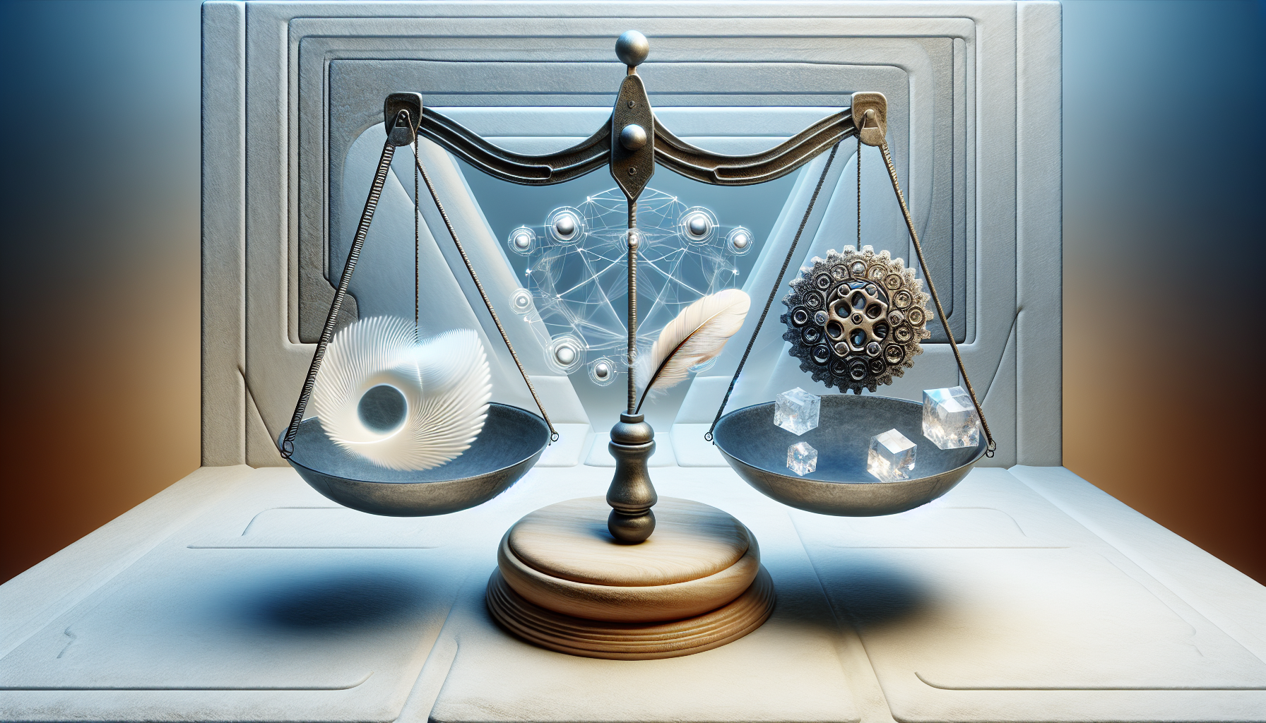 An abstract representation of a comparison, capturing the essence of a typical decision-making scenario. In the center, there's a scale but instead of weighing physical objects, it's metaphysically weighing three distinct symbols: a feather, a gear, and a crystal. Each symbol portrays characteristics of softness (feather), complexity (gear), and solid structure (crystal). The surrounding environment is relatively neutral and unembellished to keep the focus on the focal point - the scale and its unique contents. This concept abstractly parallels the decision process one might go through when selecting between different systems.
