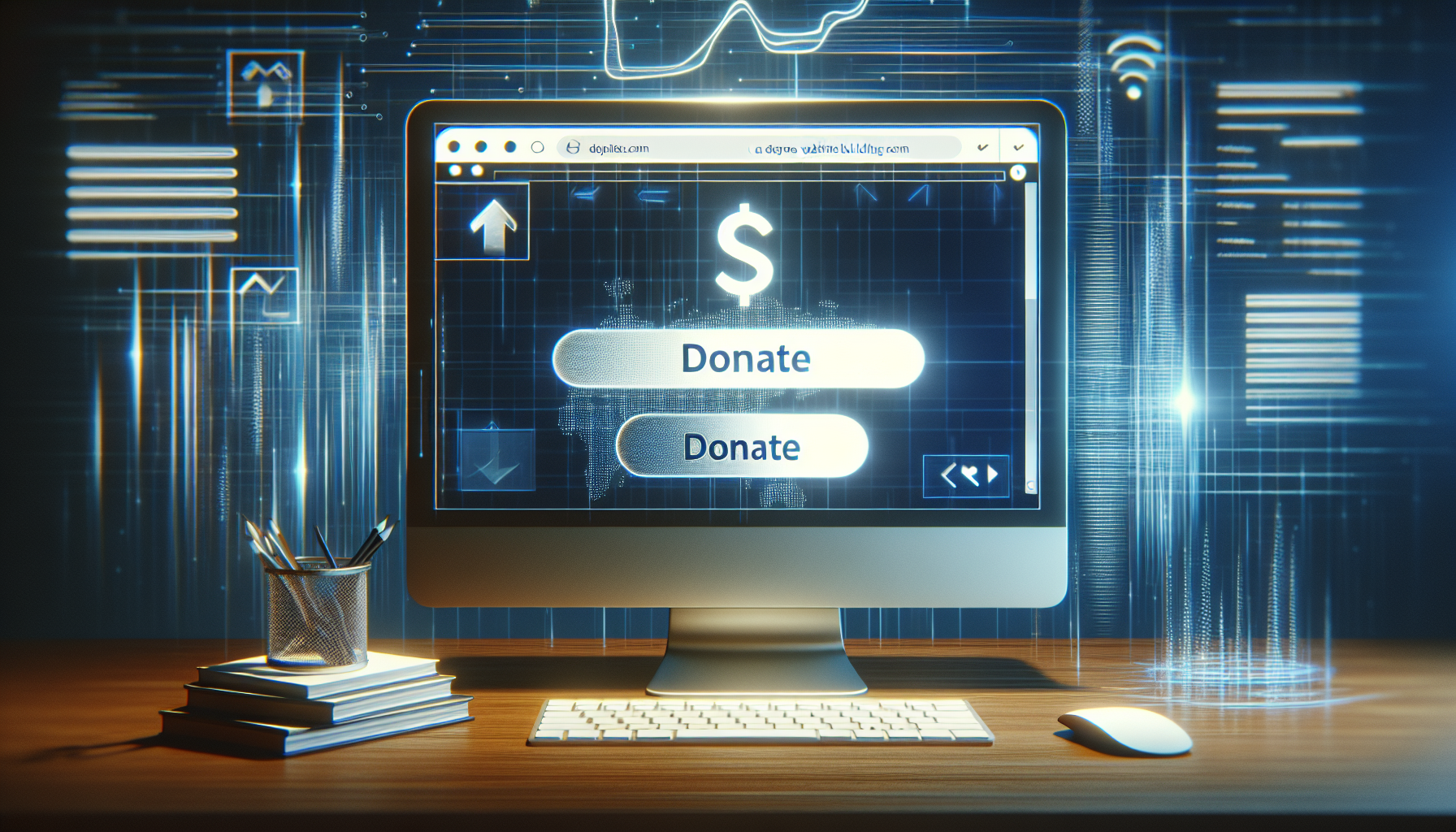 An image for an article related to creating donations on a website. In the foreground there should be a computer screen showing a generic website building platform with a clearly highlighted area indicating where to integrate a donation functionality. The window's open tab showcases a stylized 'donate' button. The background should be abstract and digital, reminding the viewers of technology and the Internet. The image should not include any brand logos and also no human characters. Please remember that no actual text should be included within the image.
